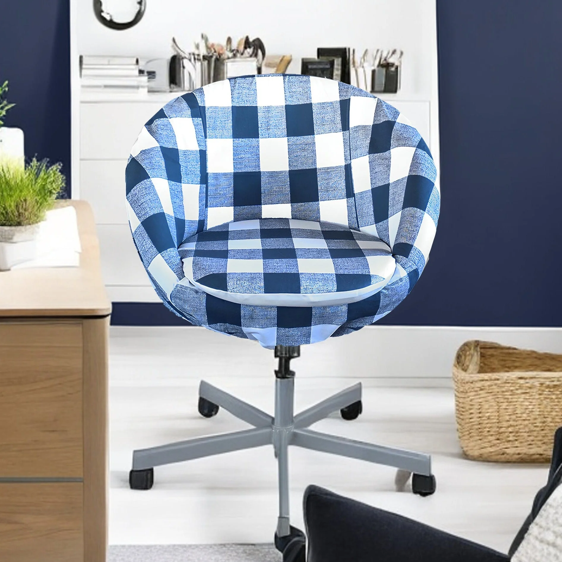Compatible with IKEA SKRUVSTA. Navy Blue Buffalo Check Chair Slip Cover - Cheap Abt