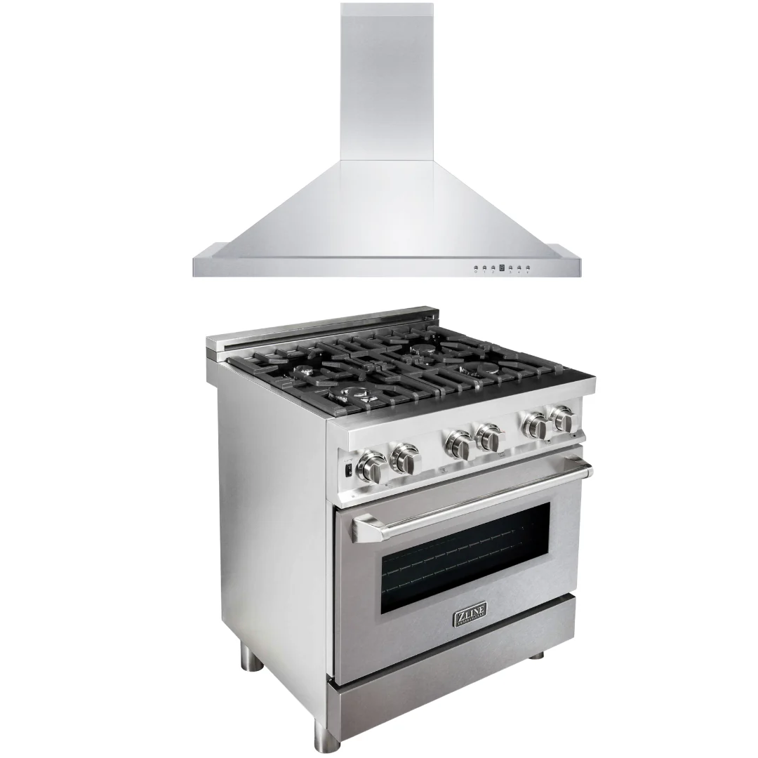 ZLINE 30 in. Dual Fuel Range with DuraSnow® Door & 30 in. Range Hood Appliance Package, 2KP-RASNRH30 - Cheap Abt