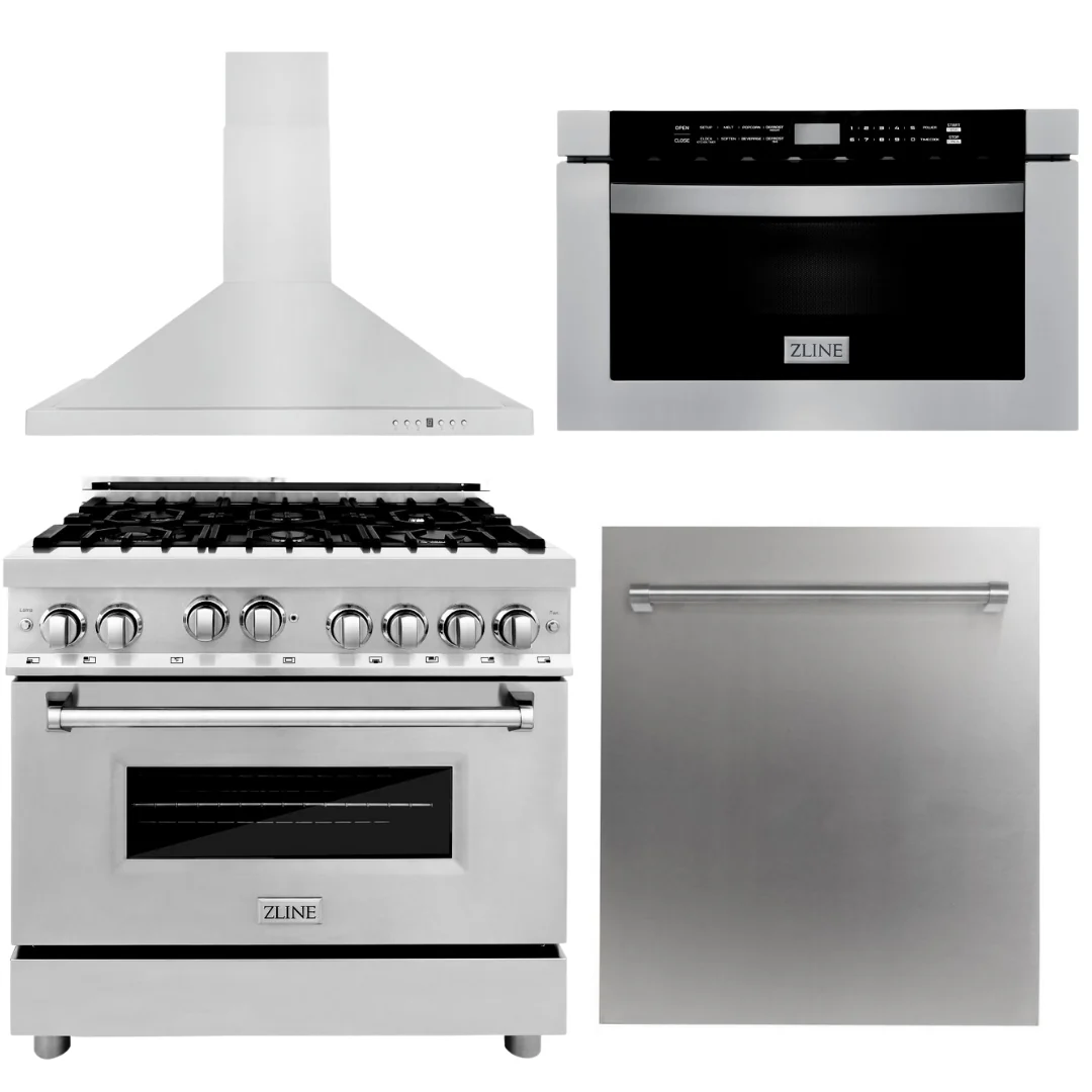 ZLINE Appliance Package - 36 in. Gas Range, Range Hood, Microwave Drawer, Dishwasher, 4KP-RGRH36-MWDW - Cheap Abt