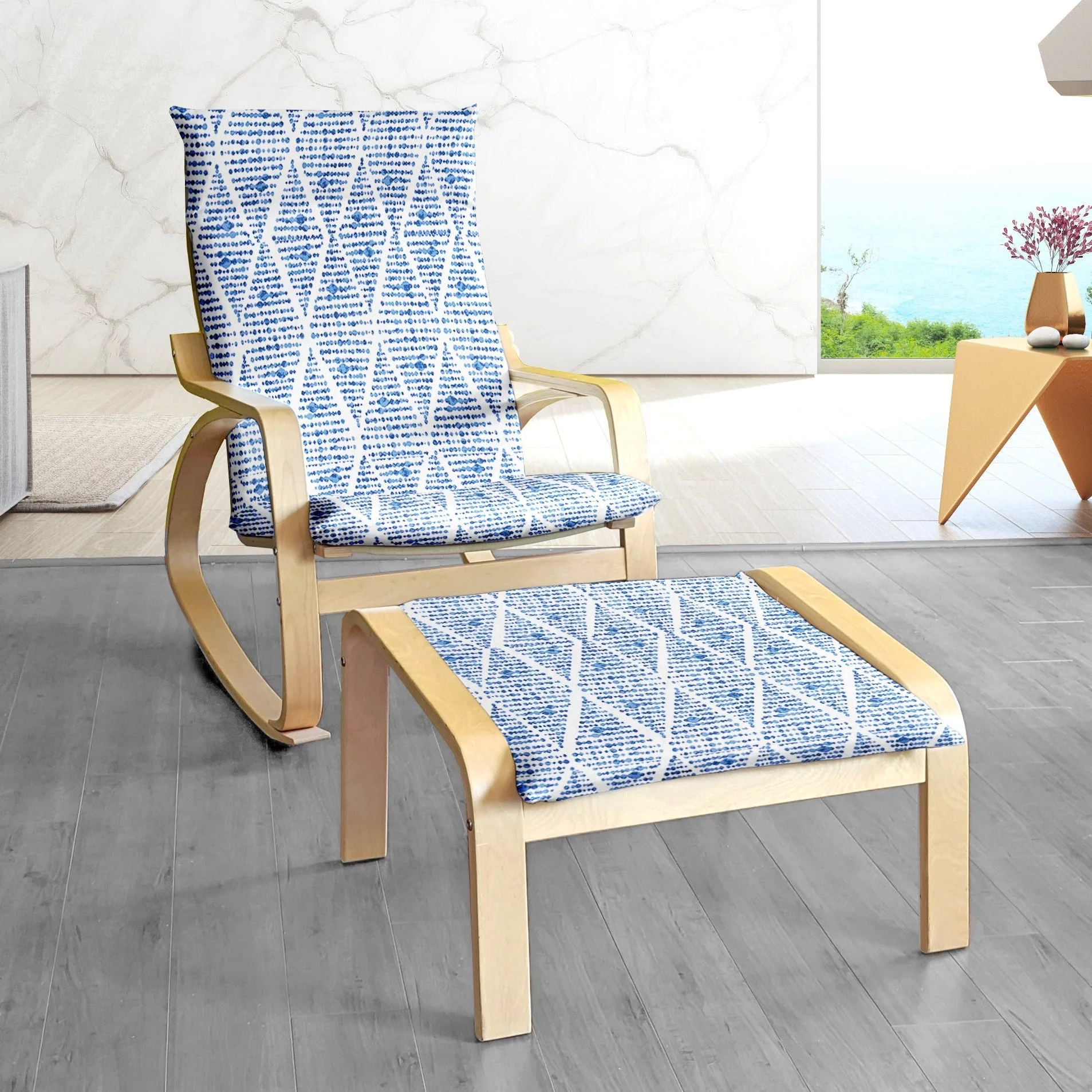 Compatible with IKEA POANG Chair and Footstool Covers. Boho Indigo Blue Diamond Print - Cheap Abt