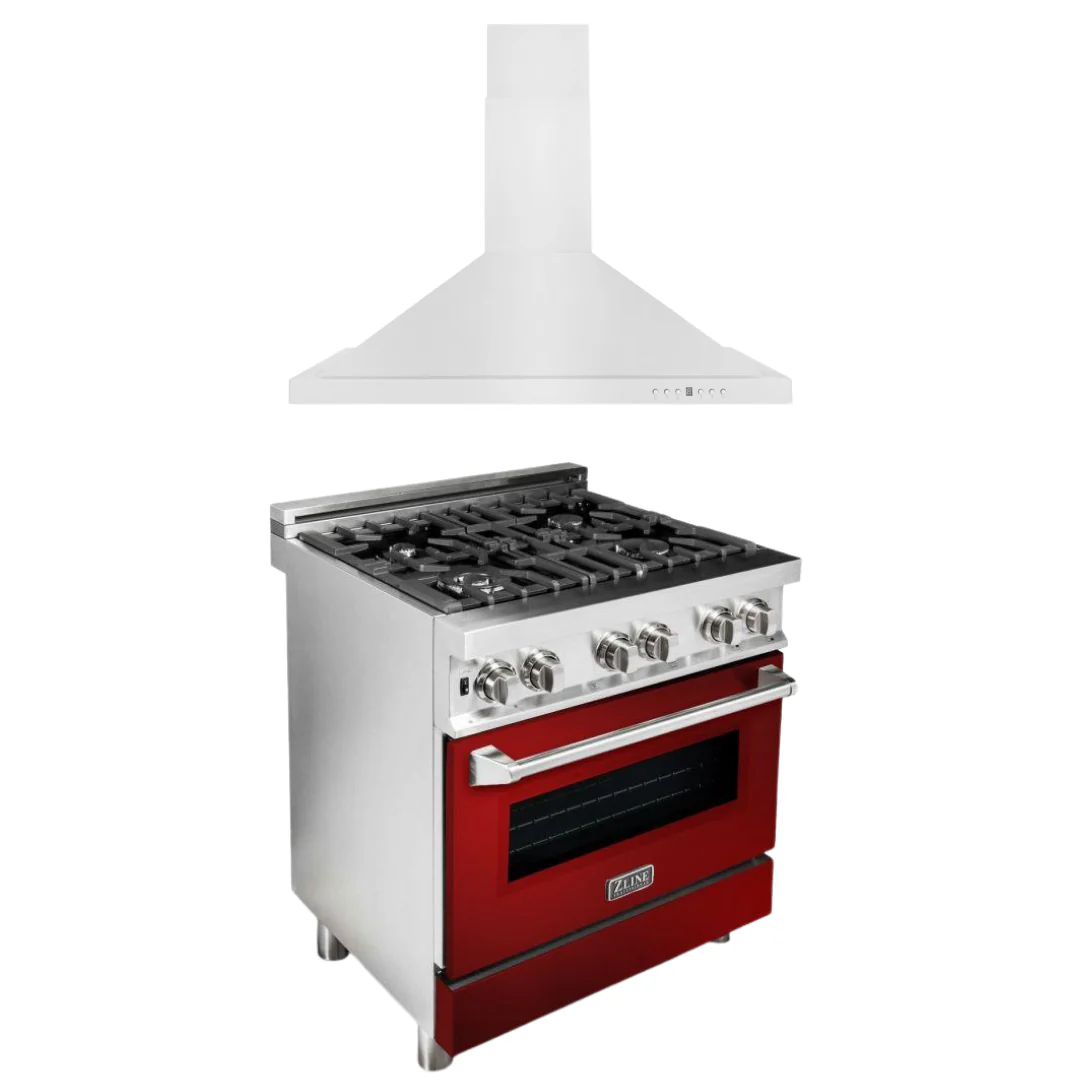 ZLINE 30 in. Dual Fuel Range with Red Gloss Door & 30 in. Range Hood Appliance Package, 2KP-RARGRH30 - Cheap Abt
