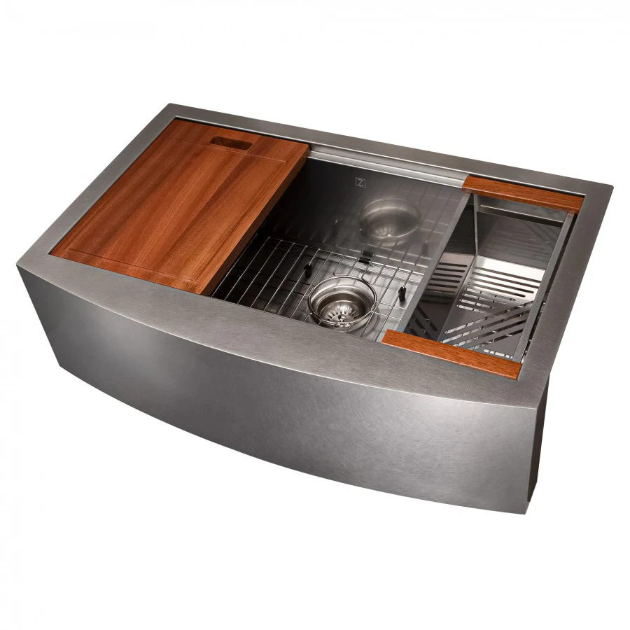 ZLINE 33 in. Moritz Farmhouse Apron Mount Single Bowl DuraSnow® Stainless Steel Kitchen Sink with Bottom Grid and Accessories, SLSAP-33S - Cheap Abt