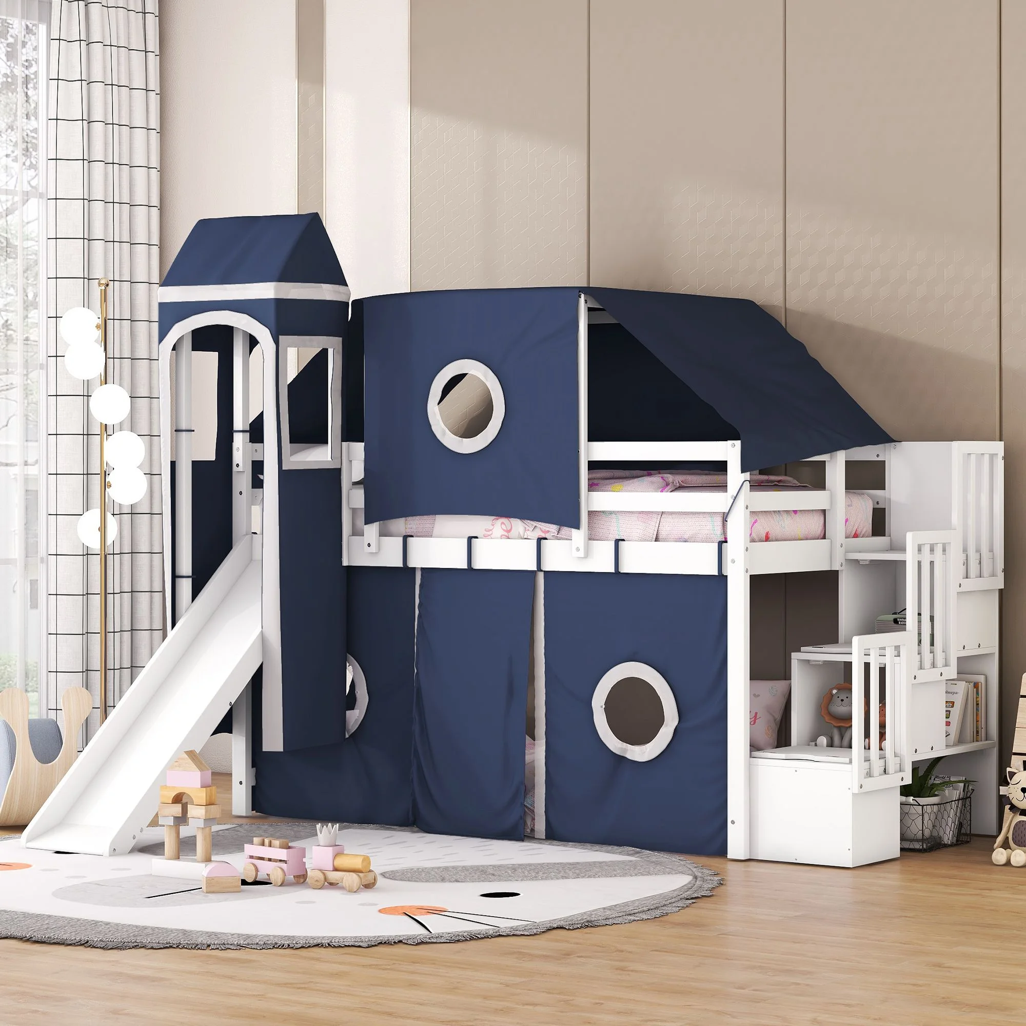 Multifunctional High Loft Bed with Tent and Tower. Sturdy Wooden Loftbed Frame with Storage Stairs. Slide& Safety Guardrail for Teens Bedroom. Space Saving Design - Cheap Abt