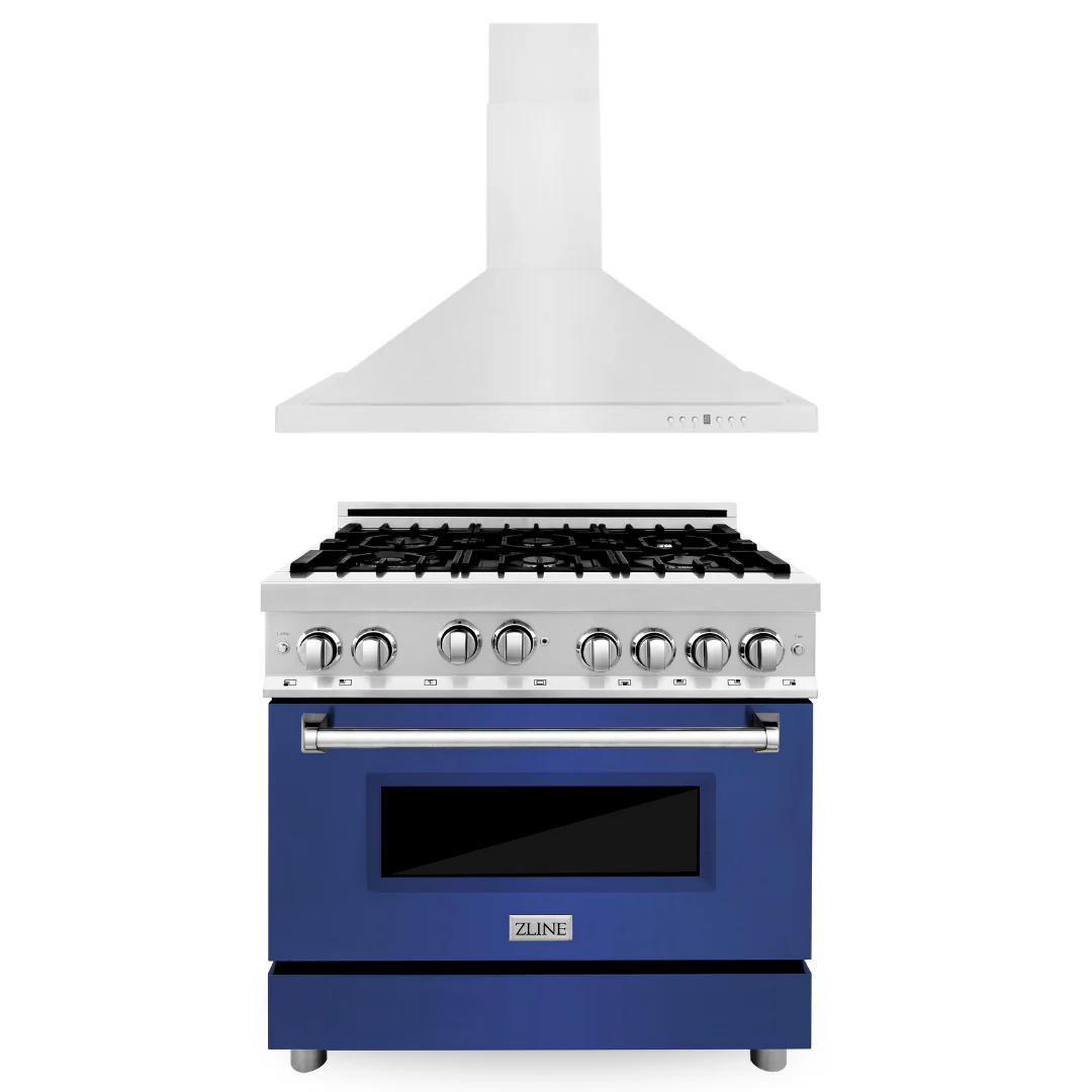 ZLINE 36 in. Gas Range with Blue Matte Door & 36 in. Range Hood Appliance Package, 2KP-RGBMRH36 - Cheap Abt