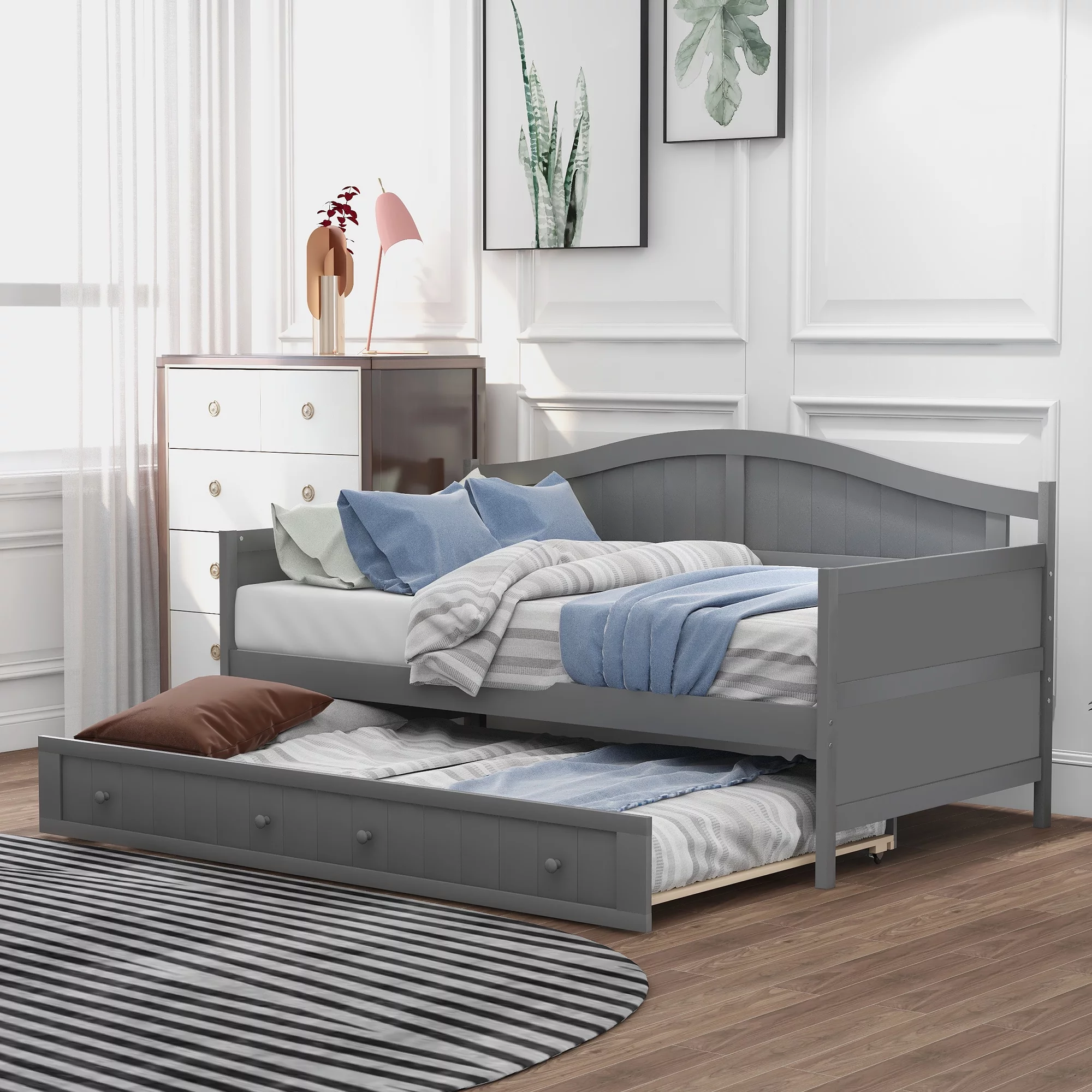 Grey Double Wooden Sofa Bed Modern Pull Out Chair Bed with Roller Bed Bedroom Living Room Sofa Bed Classic Arched Profile Suitable for Living Room Small Apartments - Cheap Abt