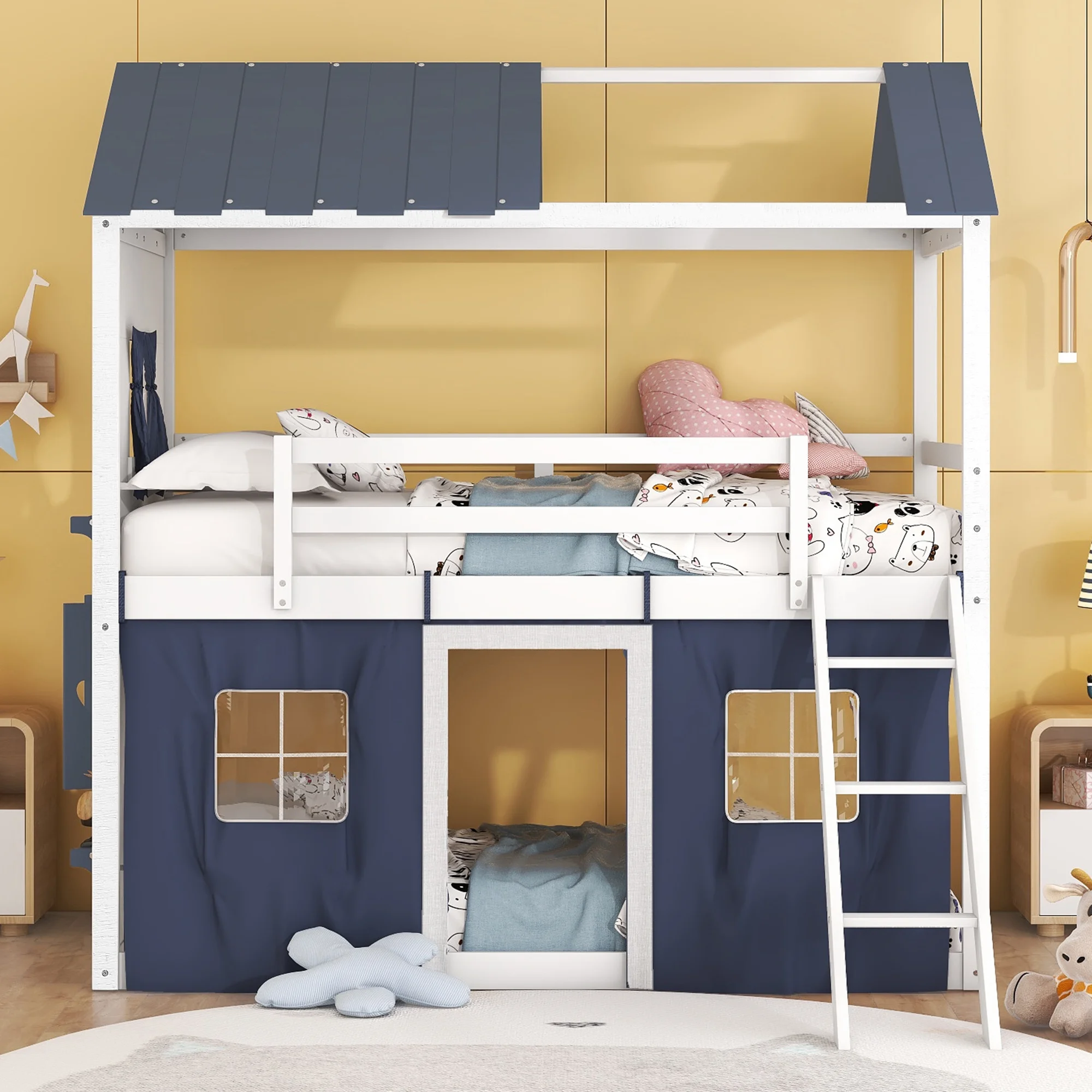 Twin Size Bunk Wood House Bed with Elegant Windows. Sills and Tent. Blue+White - Cheap Abt