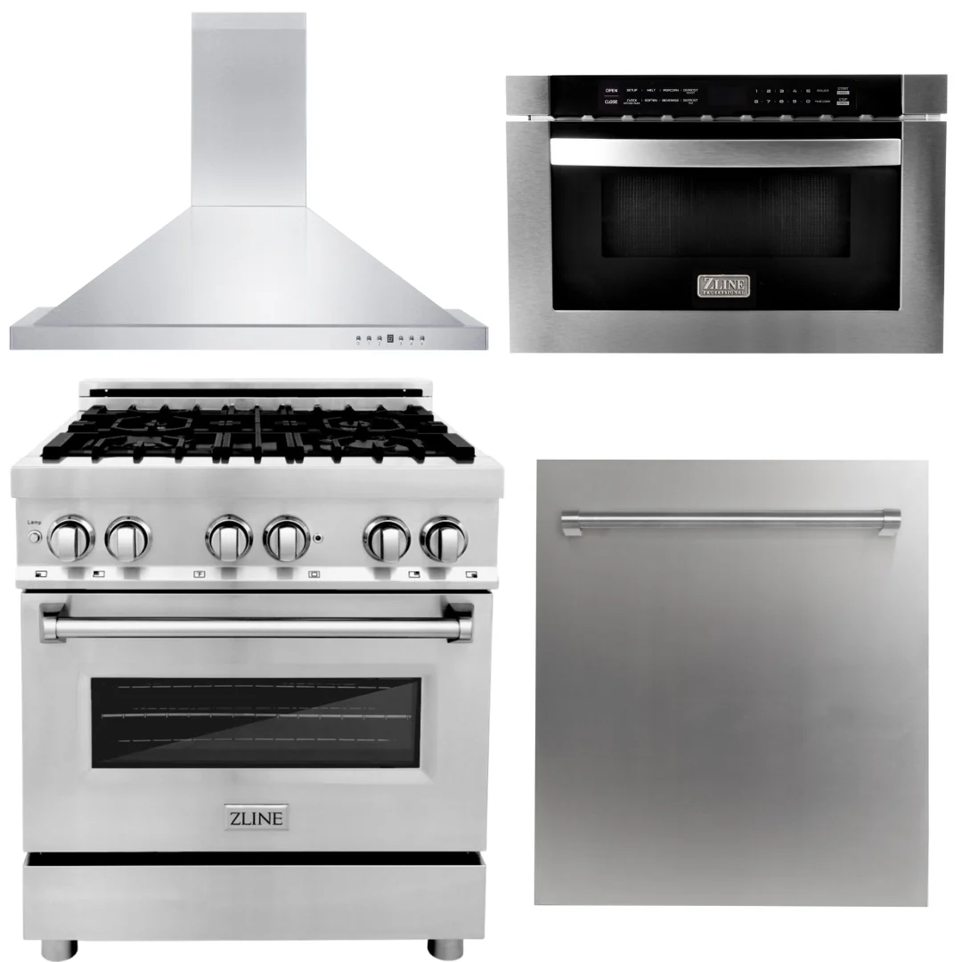 ZLINE Kitchen and Bath Appliance Package 4 Piece Bundle - 30 in. Dual Fuel Range, 30 in. Range Hood, Microwave Drawer & Dishwasher, AB-RA30-3 - Cheap Abt