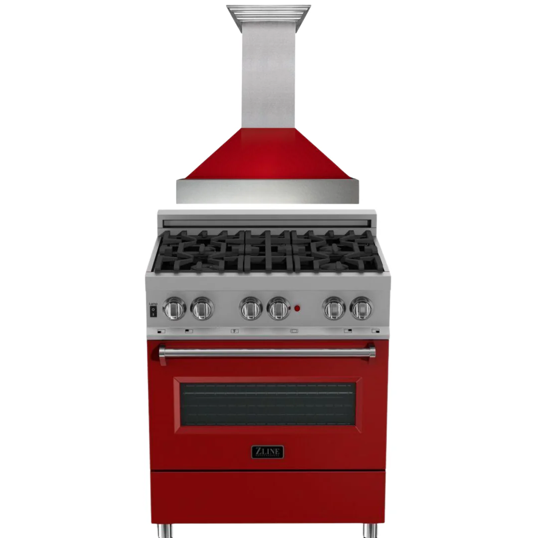 ZLINE 30 in. Dual Fuel Range in DuraSnow® with Red Gloss Door & 30 in. Range Hood Appliance Package, 2KP-RASRGRH30 - Cheap Abt