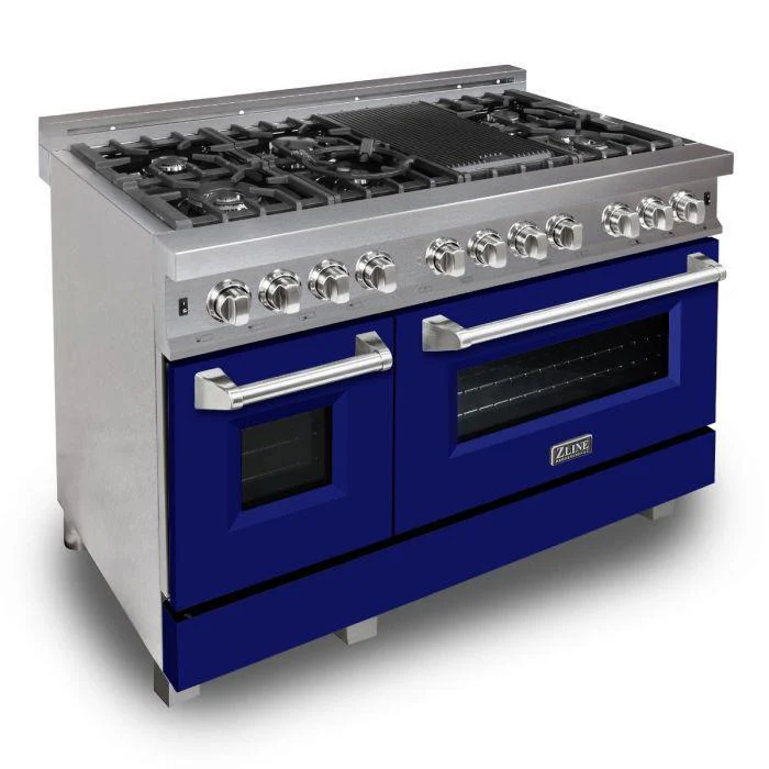 ZLINE 48 in. Professional Gas Burner/Electric Oven DuraSnow® Stainless 6.0 cu.ft. 7 Range with Blue Matte Door, RAS-BM-48 - Cheap Abt