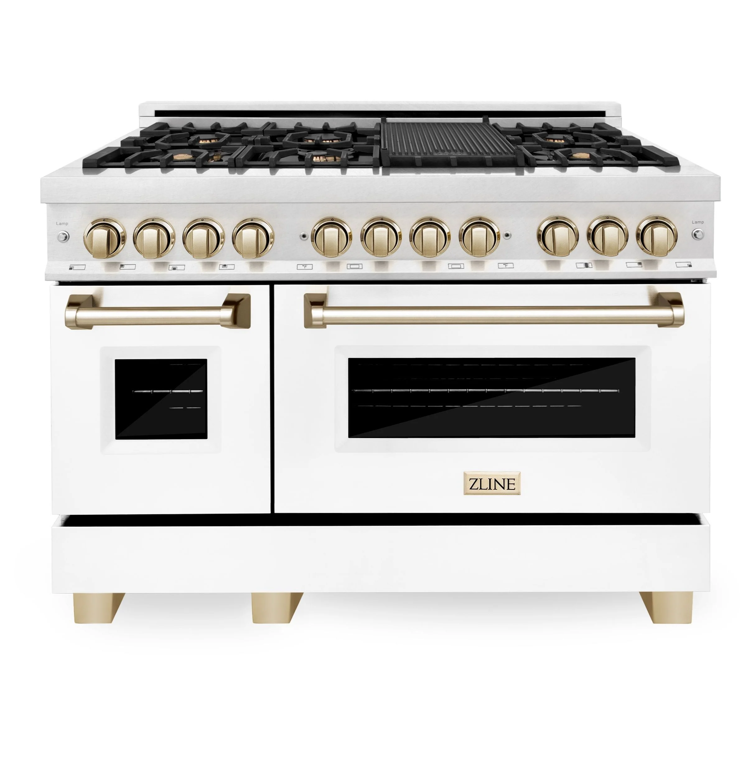 ZLINE Autograph 48 in. 6.0 cu. ft. Range, Gas Stove/Electric Oven in DuraSnow® with White Matte Door, Gold Accents, RASZ-WM-48-G - Cheap Abt