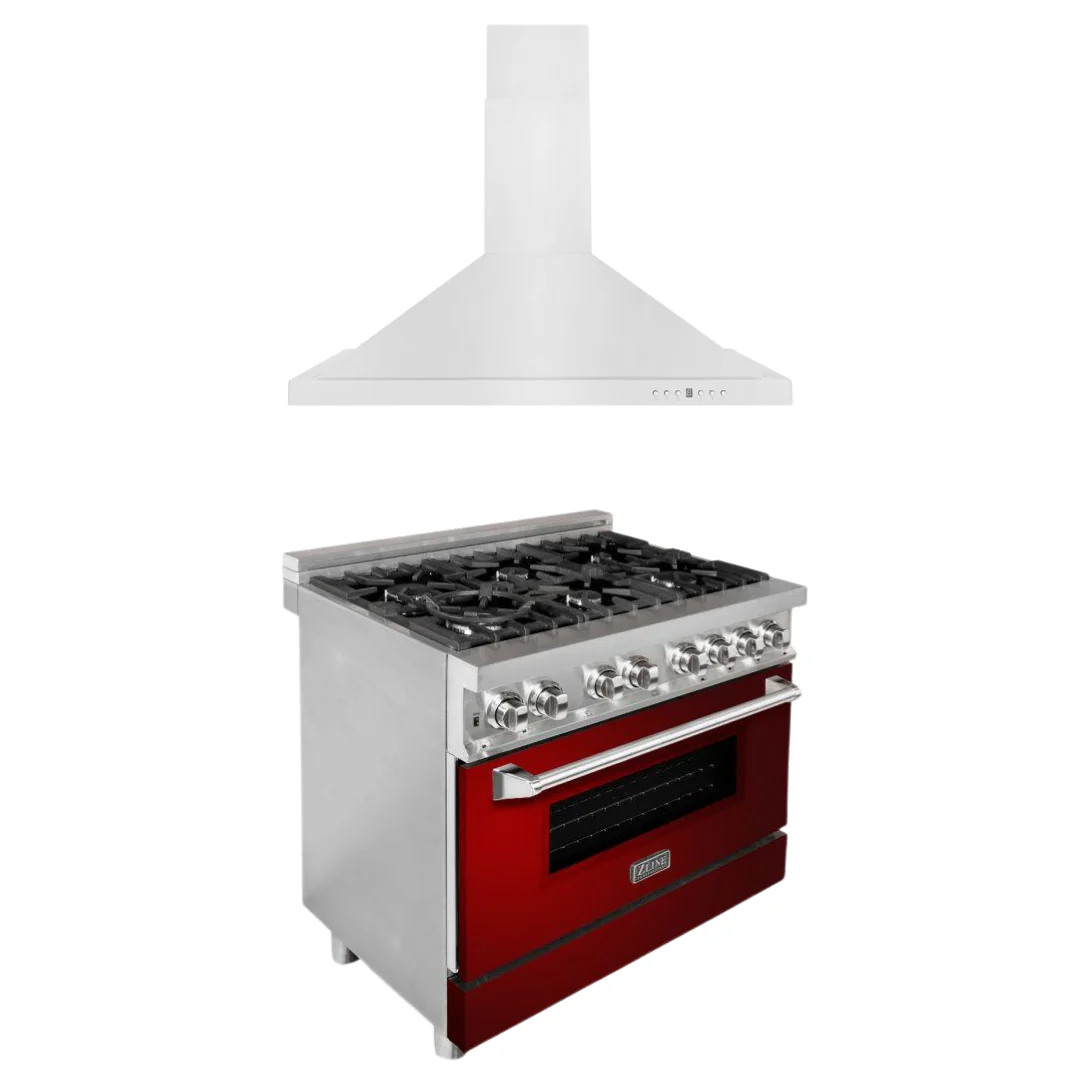 ZLINE 36 in. Dual Fuel Range with Red Gloss Door & 36 in. Range Hood Appliance Package, 2KP-RARGRH36 - Cheap Abt