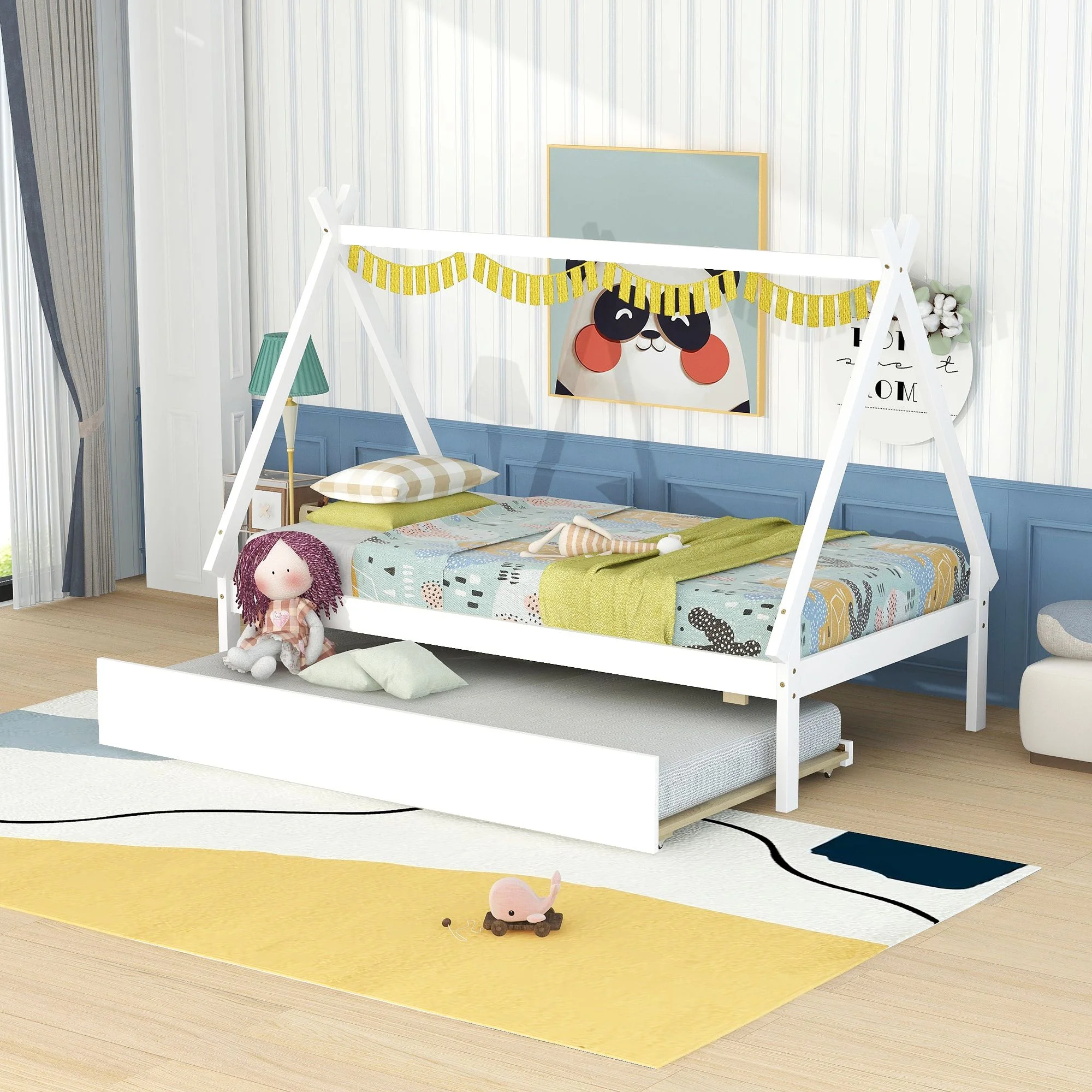 Twin Wood Tent Floor Bed Mattress Foundation with Trundle. Teepee Bed Storage Bed w/ Wooden Slats for Boy Girl. No Box Spring Needed. Easy Assembly - Cheap Abt