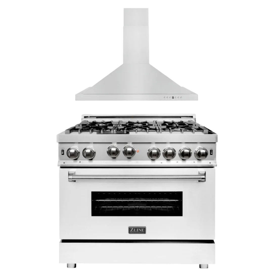 ZLINE 36 in. Gas Range with White Matte Door & 36 in. Range Hood Appliance Package, 2KP-RGWMRH36 - Cheap Abt