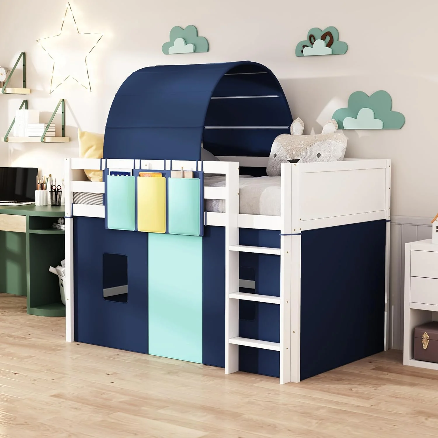 Low Loft Bed Frame With Tent & Tower. Wood Kids Loft Bed With Three Pockets. Storage Bed Frame For Kids.Teens. Boys Girls. Blue - Cheap Abt