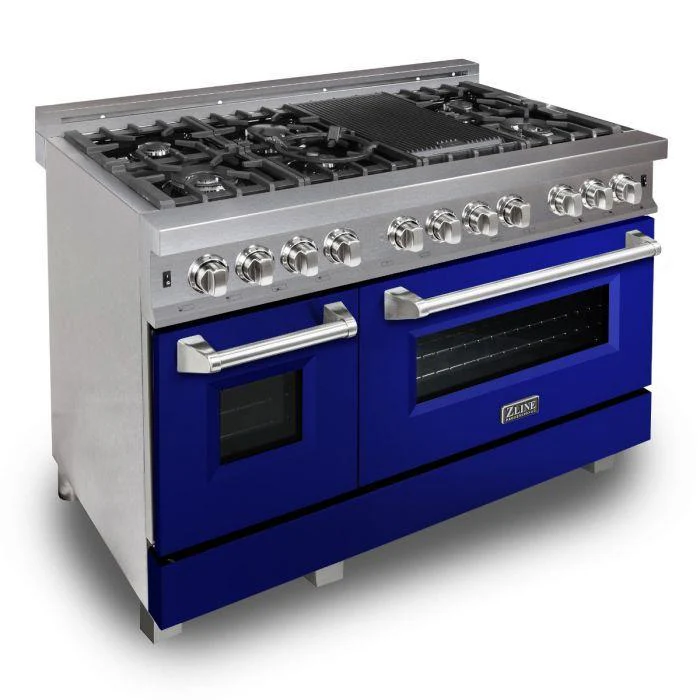 ZLINE 48 in. Professional Gas Burner/Electric Oven DuraSnow® Stainless 6.0 cu.ft. 7 Range with Blue Gloss Door, RAS-BG-48 - Cheap Abt