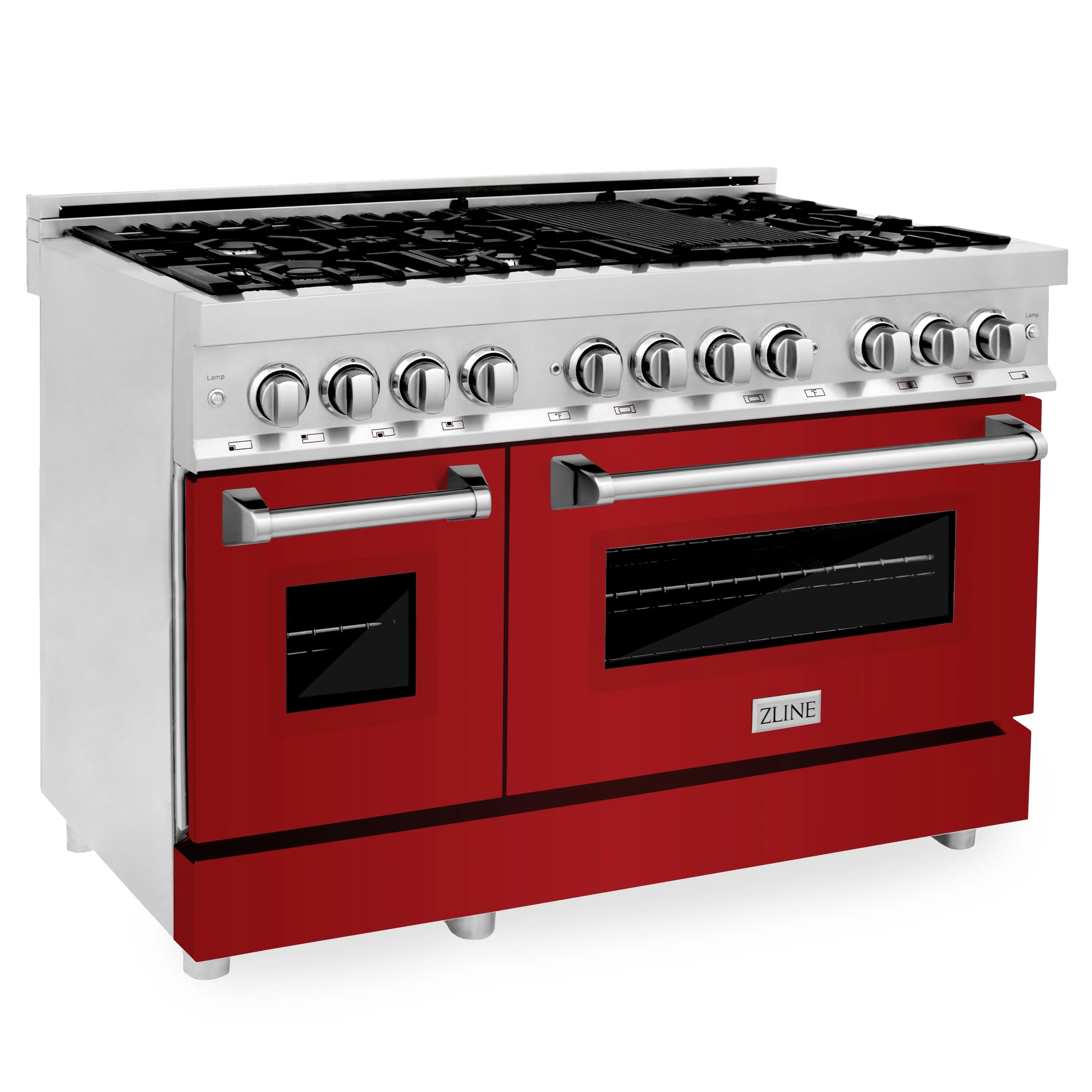 ZLINE 48 In. 6.0 cu. ft. Range with Gas Stove and Gas Oven in DuraSnow® Stainless Steel with Red Gloss Doors, RGS-RG-48 - Cheap Abt