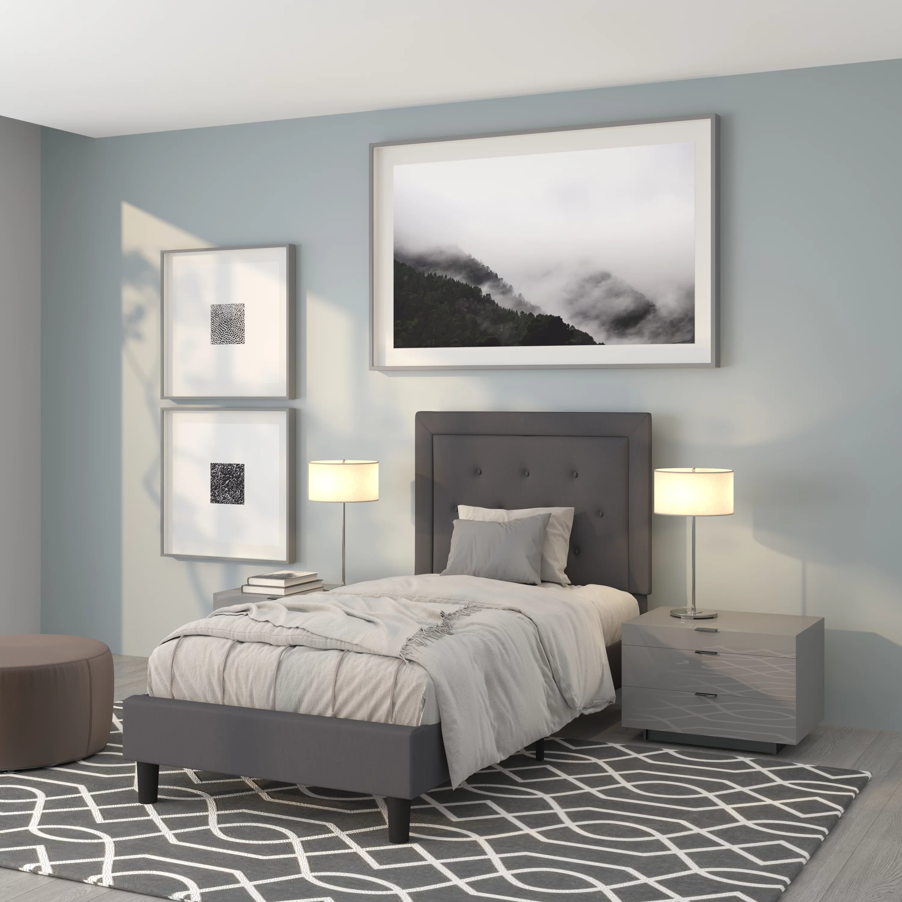 BizChair Twin Size Panel Tufted Upholstered Platform Bed in Dark Gray Fabric - Cheap Abt