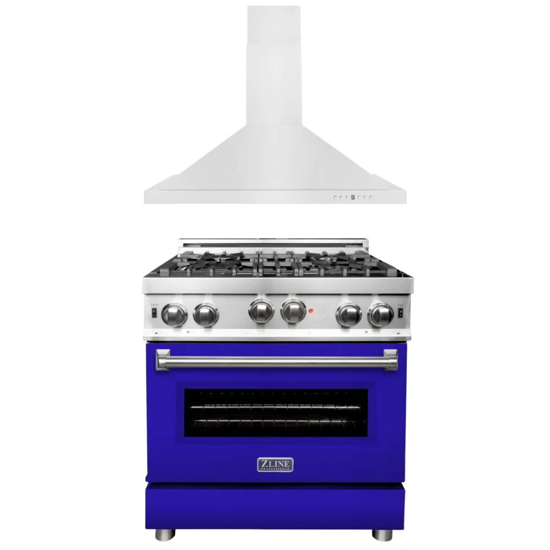 ZLINE 30 in. Gas Range with Blue Matte Door & 30 in. Range Hood Appliance Package, 2KP-RGBMRH30 - Cheap Abt