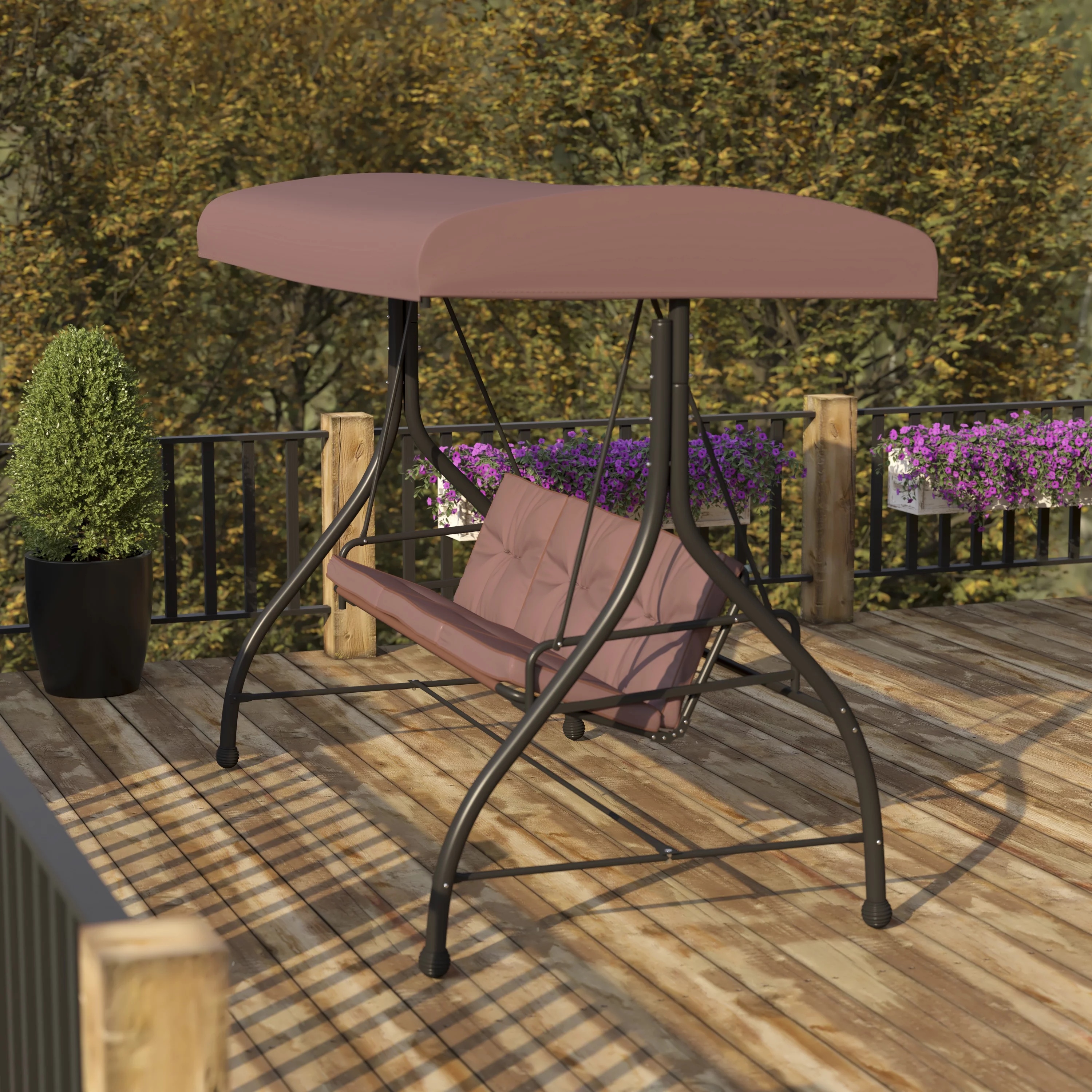 BizChair 3-Seat Outdoor Steel Converting Patio Swing Canopy Hammock with Cushions / Outdoor Swing Bed (Brown) - Cheap Abt