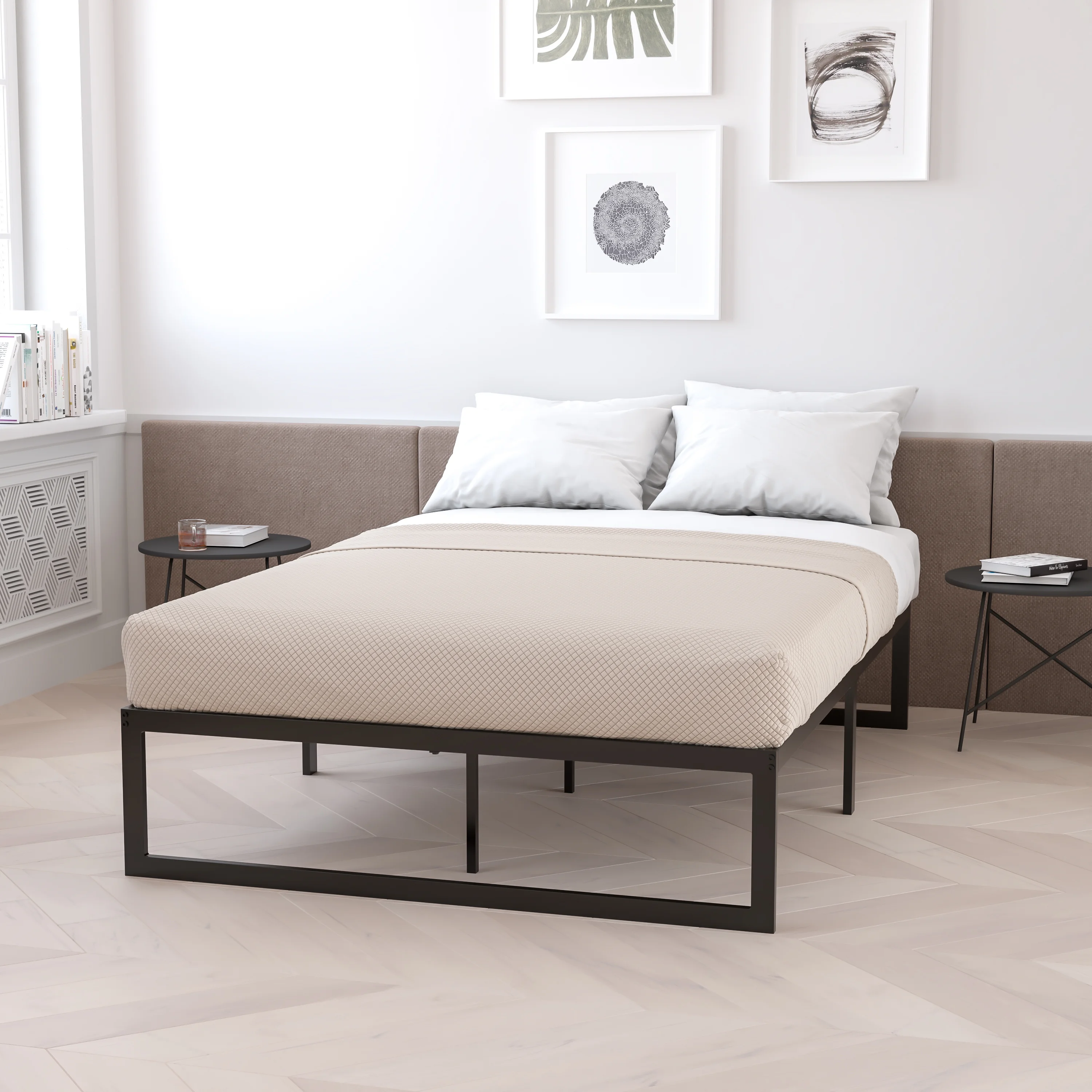 BizChair 14 Inch Metal Platform Bed Frame with 12 Inch Pocket Spring Mattress in a Box (No Box Spring Required) - Queen - Cheap Abt