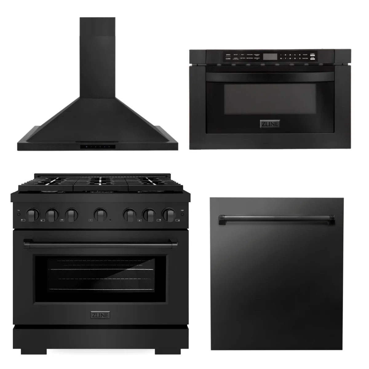 ZLINE Appliance Package - 36 in. Gas Range, Range Hood, Microwave Drawer, Dishwasher - Black Stainless Steel, 4KP-SGRBRBRH36-MWDW - Cheap Abt