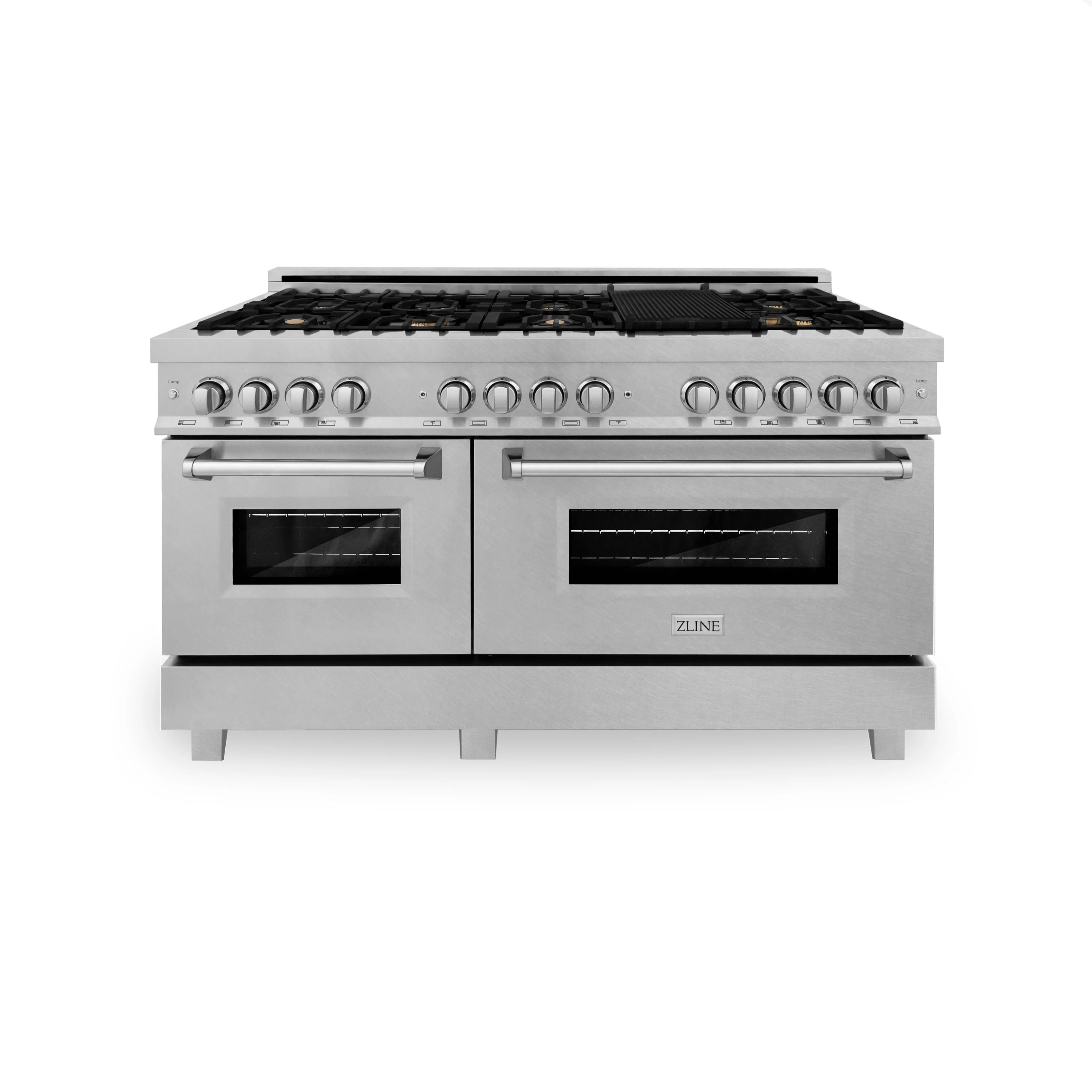 ZLINE 60 in. Professional Gas Burner, 7.6 cu. ft. Electric Oven in DuraSnow® Stainless and Brass Burner Set, RAS-SN-BR-60 - Cheap Abt