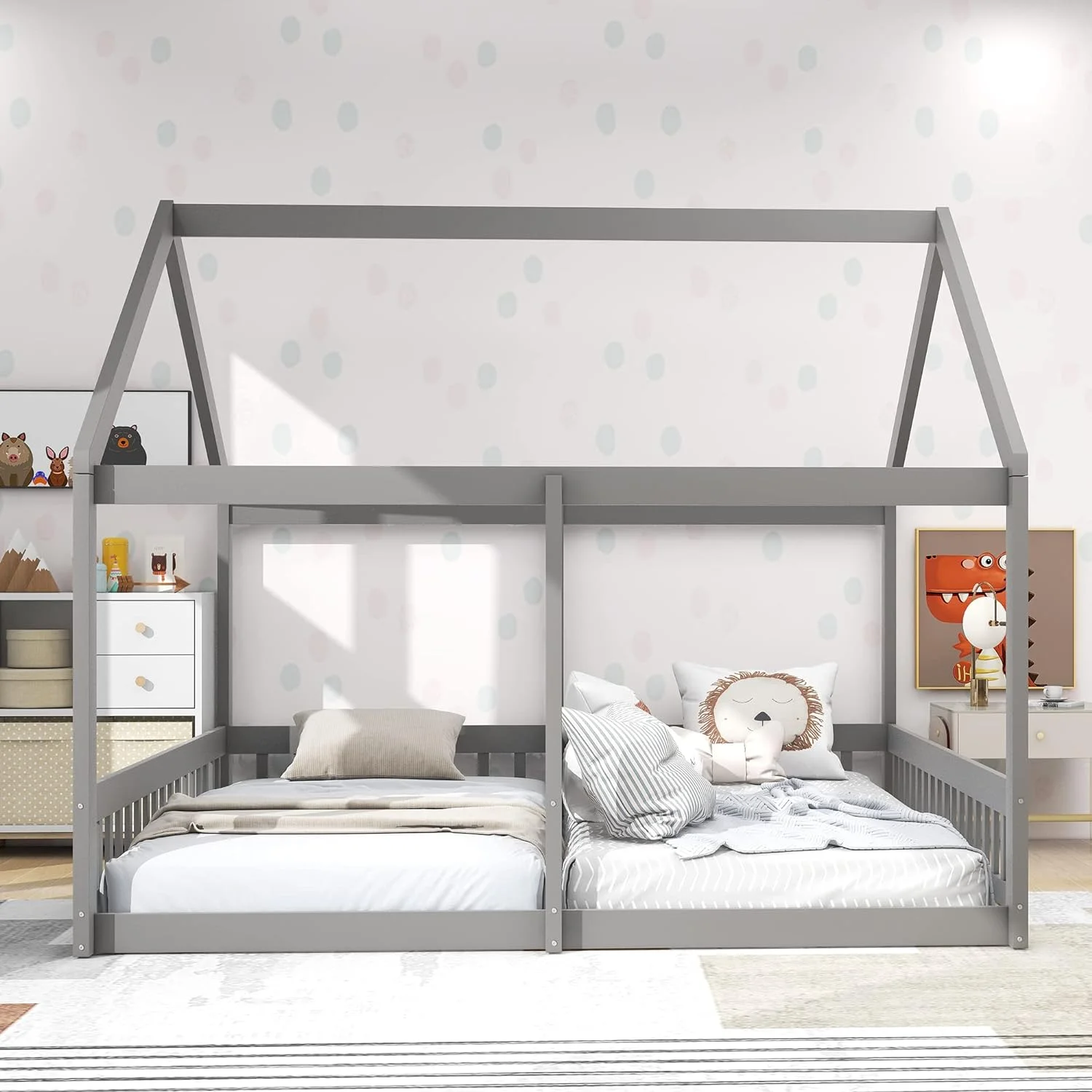 House Bed For 2 Kids. Double Shared Size Kids Beds. Wooden Toddler Bed. Montessori Floor Kids.Teens. Boys & Girls. Can Be Decorated Tent (Double . Gray). Grey - Cheap Abt