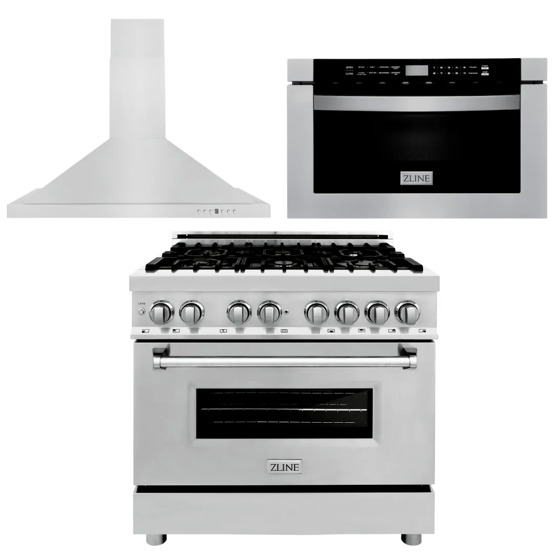 ZLINE Appliance Package - 36 in. Dual Fuel Range, Range Hood, Microwave Drawer, 3KP-RARH36-MW - Cheap Abt