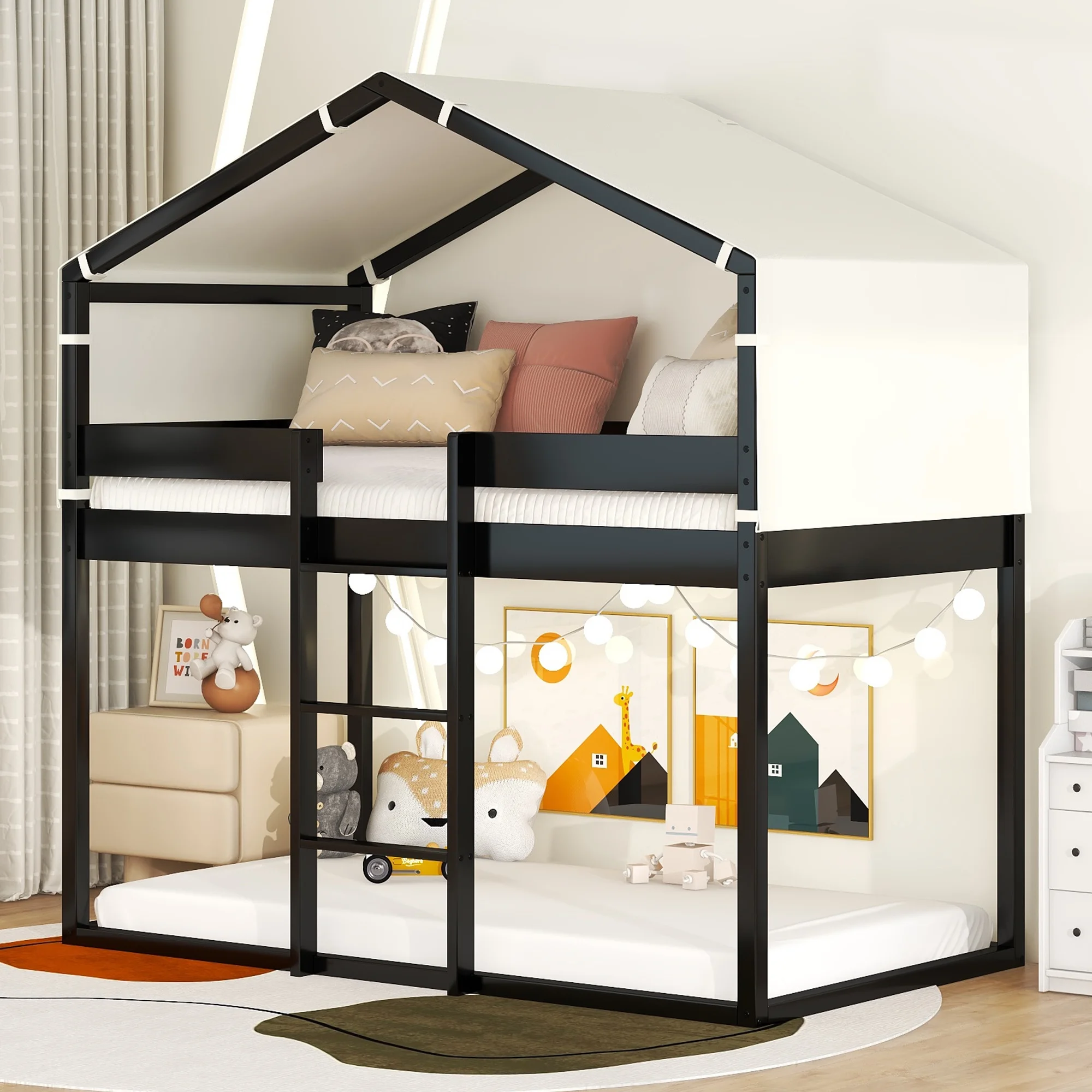 Espresso Twin-Over-Twin Wooden Bunk Bed with Fun Play Tent Feature for Kids' Room - Cheap Abt