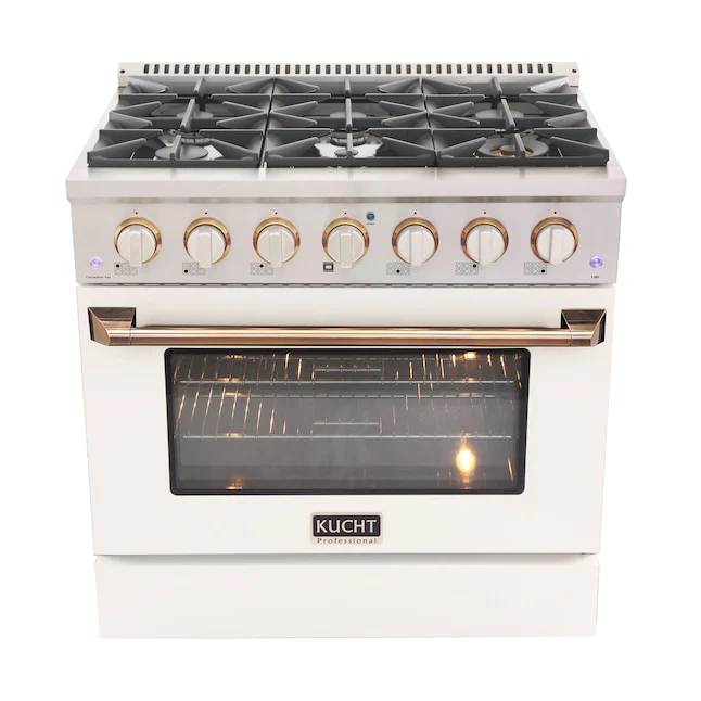 Kucht Signature 36 In. 5.2 cu ft. Natural Gas Range with White Door and Gold Accents, KNG361-W-GOLD - Cheap Abt