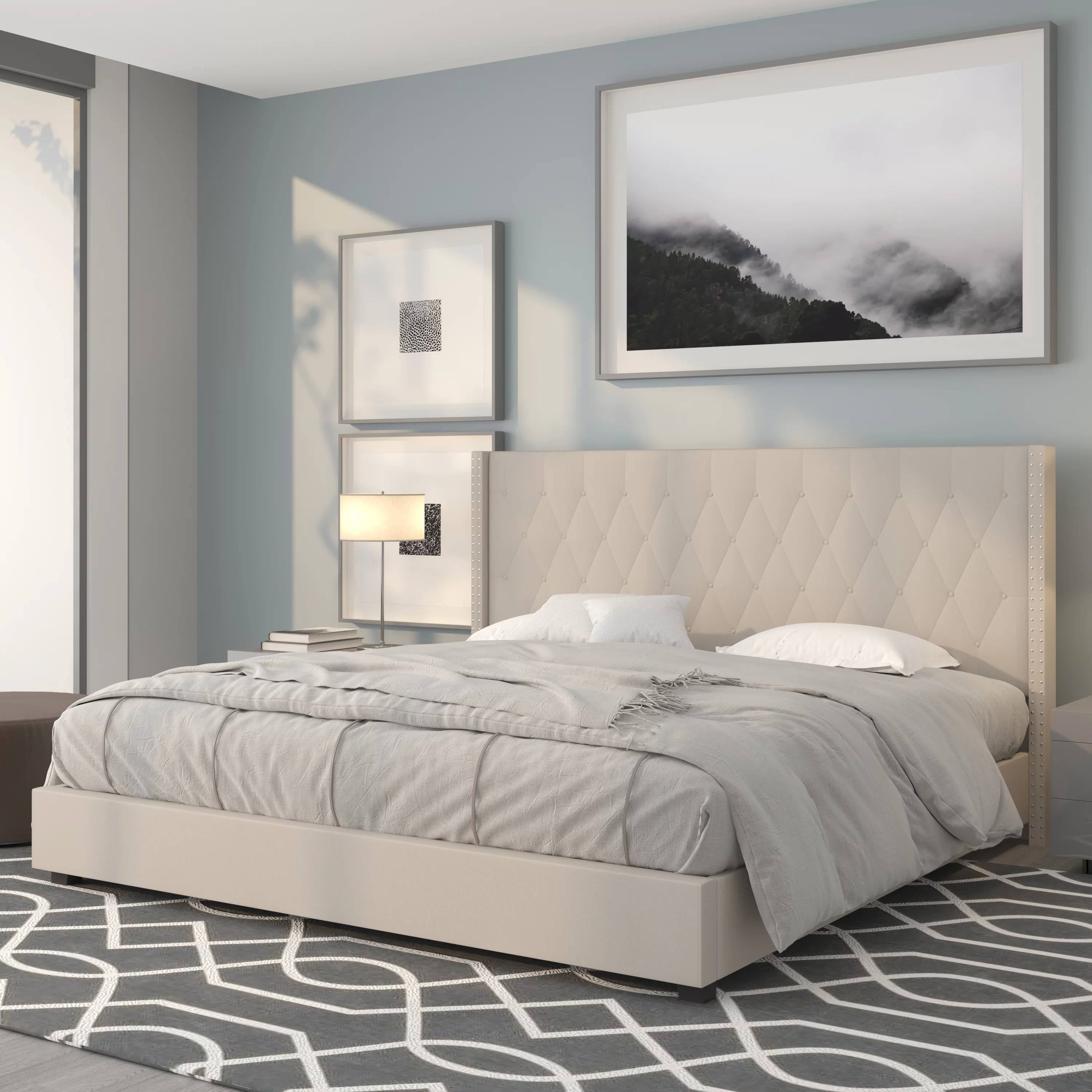 BizChair King Size Tufted Upholstered Platform Bed with Accent Nail Trimmed Extended Sides in Beige Fabric - Cheap Abt