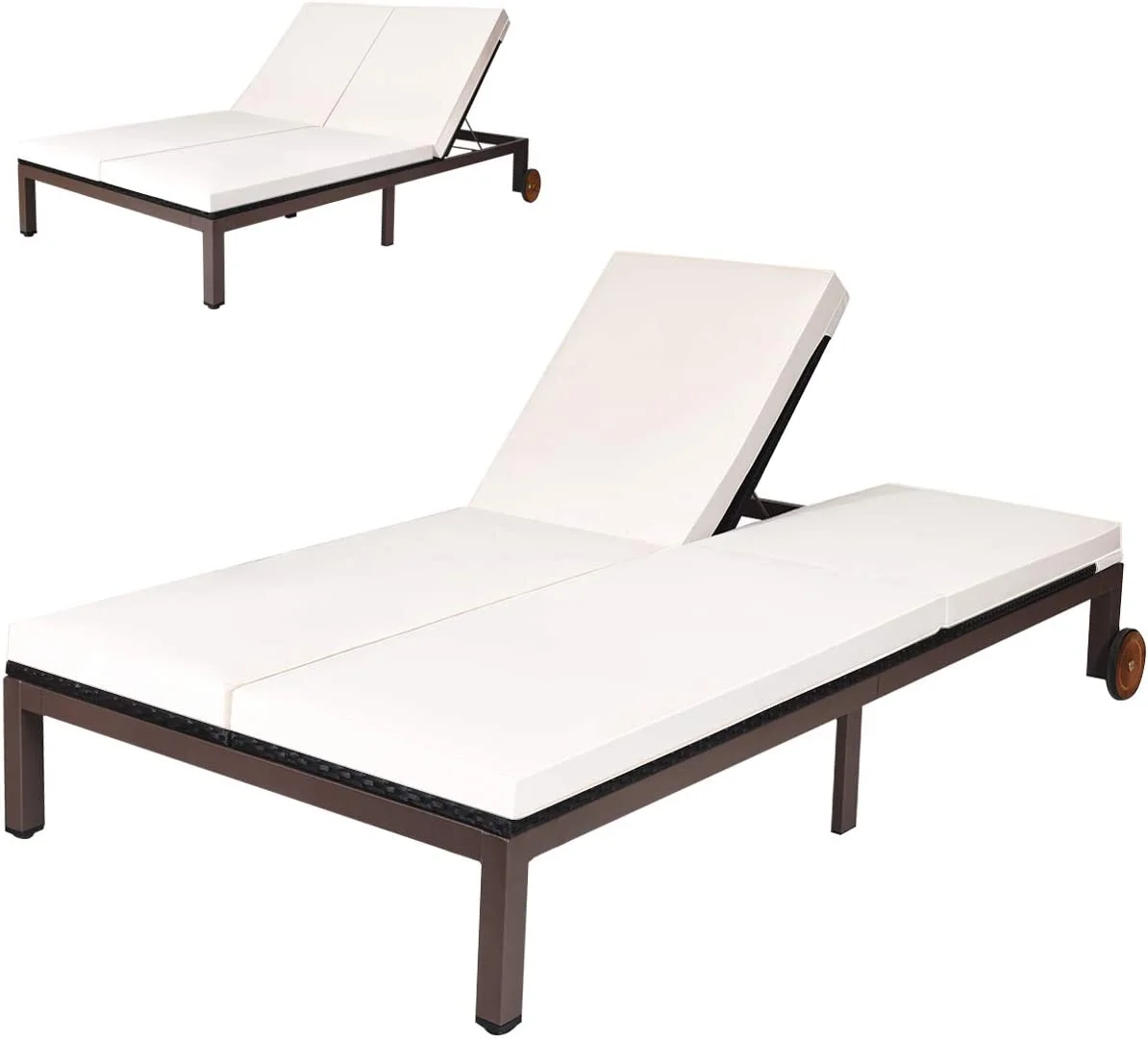2-Person Patio Lounge Chair. Outdoor Rattan Double Wicker Daybed Chaise with Adjustable Backrest Wheels & Cushion. Loveseat Sofa for Garden Lawn Backyard (Cream) - Cheap Abt