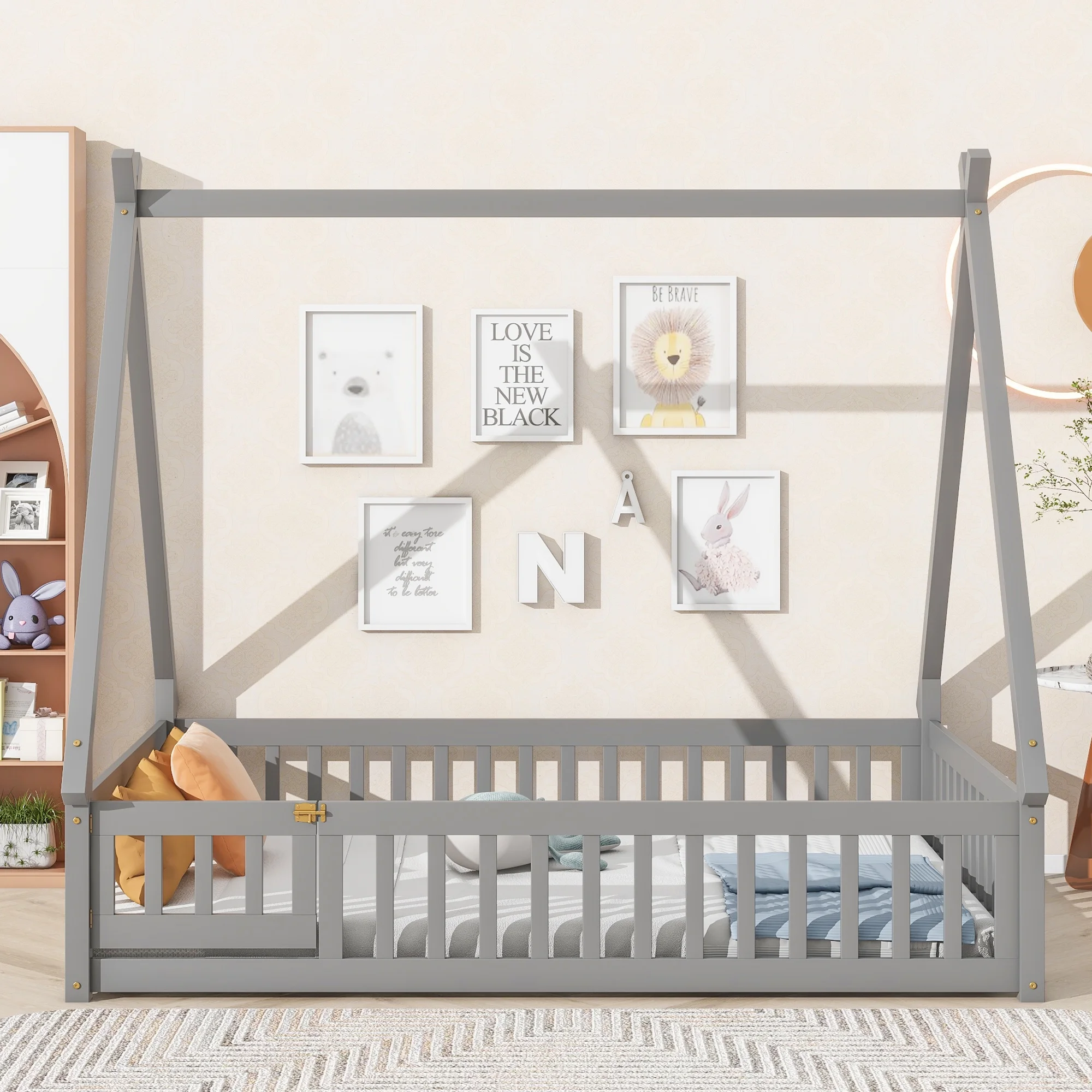 Full Tent-shaped Floor Bed. with Guardrails. Slats. Door .Grey - Cheap Abt