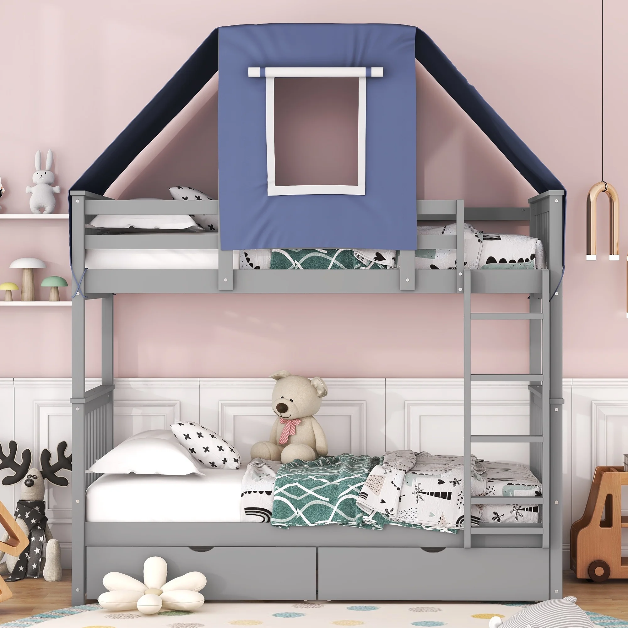 BELLEMAVE Wooden Twin over Twin Bunk Bed Frame with Tent and 2 Drawers.Full-Guardrail and Built-in Ladder.2-in-1 Bunk Bed for Boys and Girls.Gray + Pink Tent - Cheap Abt