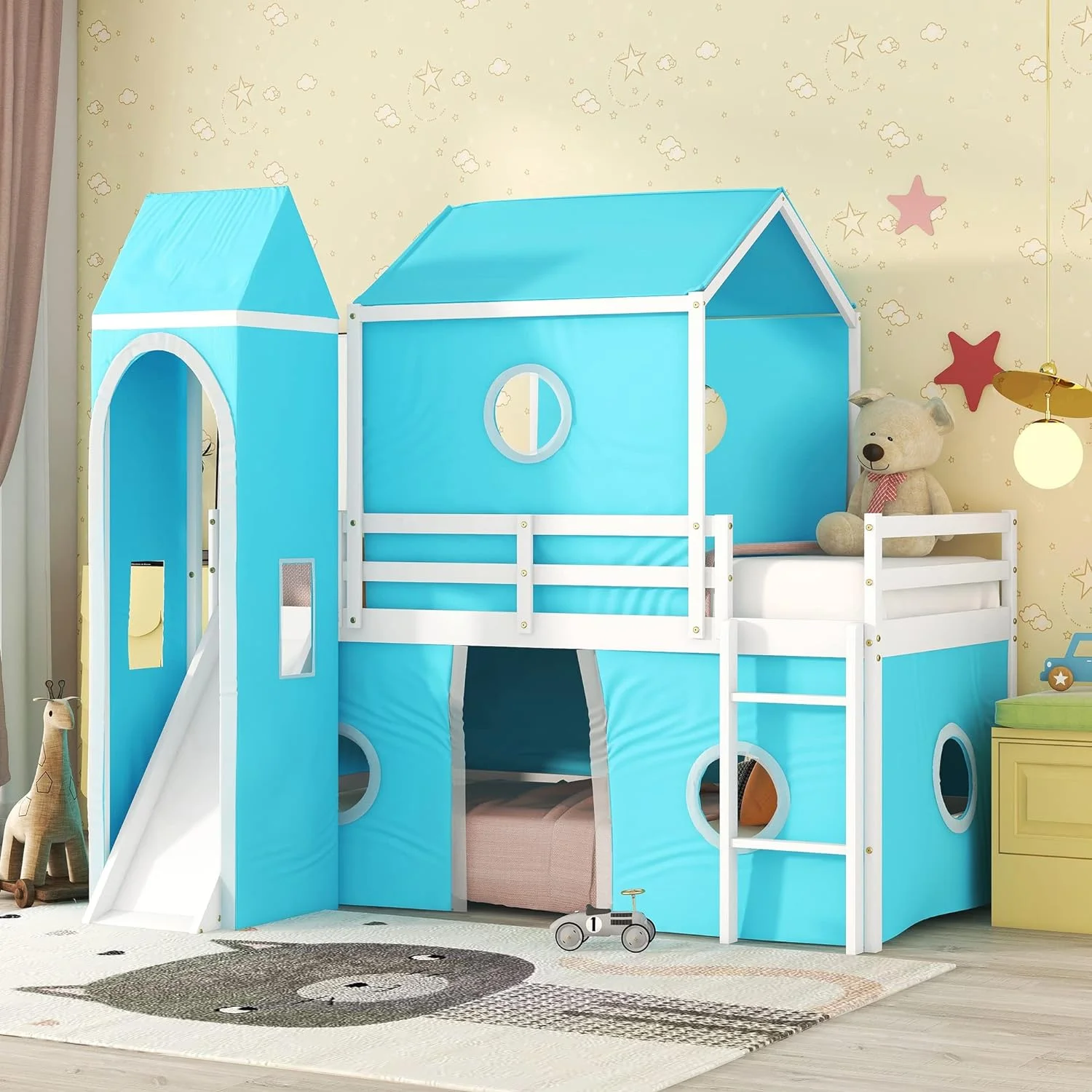 Low Loft Bed With Slide And Curtains Over Floor Bunk Bed With House Shape Tent And Tower. Wood Castle Loft Beds For Kids Boys Girls. Blue - Cheap Abt