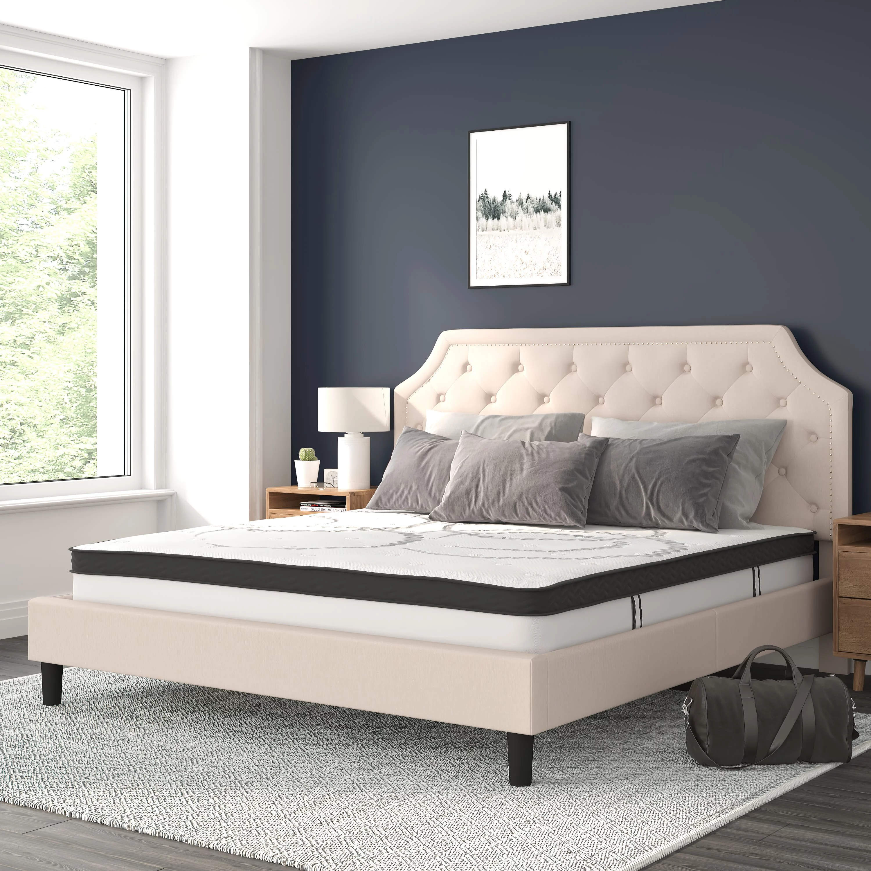 BizChair Brighton King Size Tufted Upholstered Platform Bed in Beige Fabric with 10 Inch CertiPUR-US Certified Pocket Spring Mattress - Cheap Abt