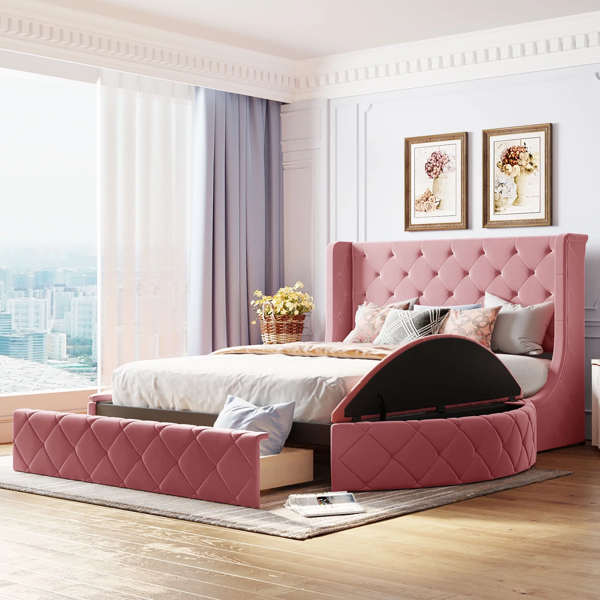 CoSoTower Upholstered Platform Bed Queen Size Storage Velvet Bed with Wingback Headboard and 1 Big Drawer. 2 Side Storage Stool(Pink) - Cheap Abt