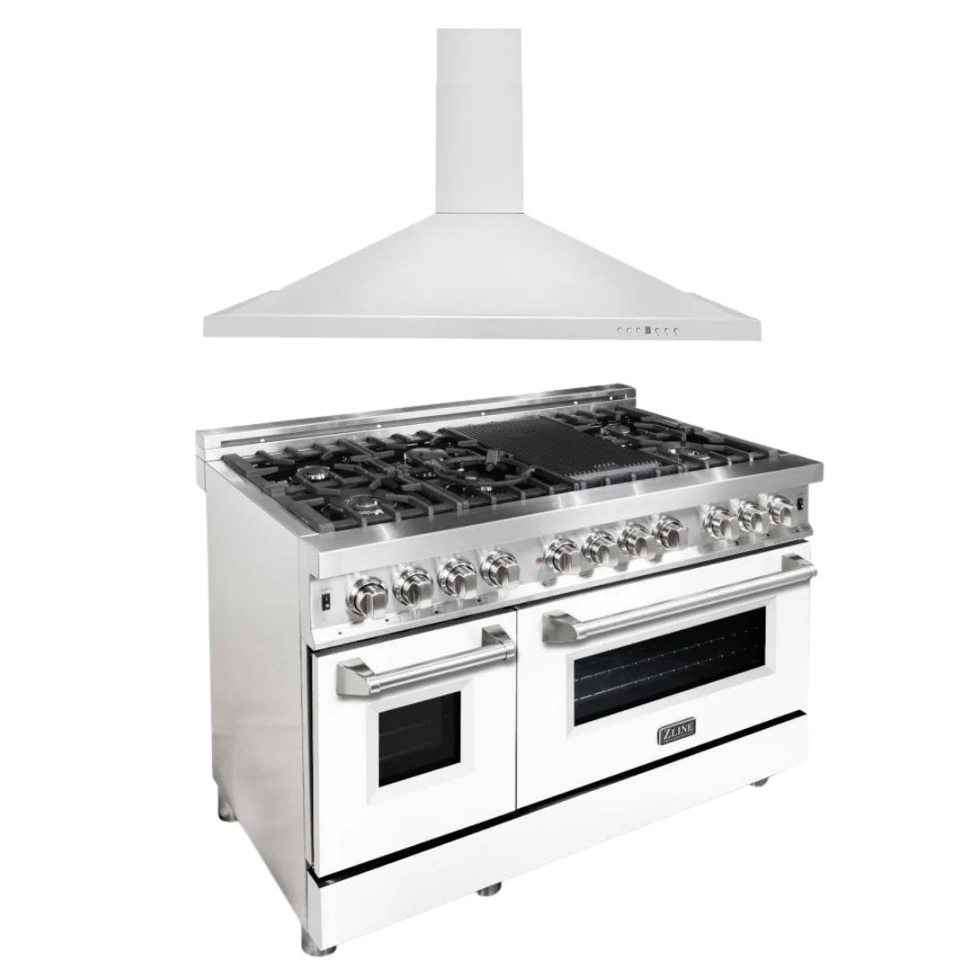 ZLINE 48 in. Dual Fuel Range with White Matte Door & 48 in. Range Hood Appliance Package, 2KP-RAWMRH48 - Cheap Abt