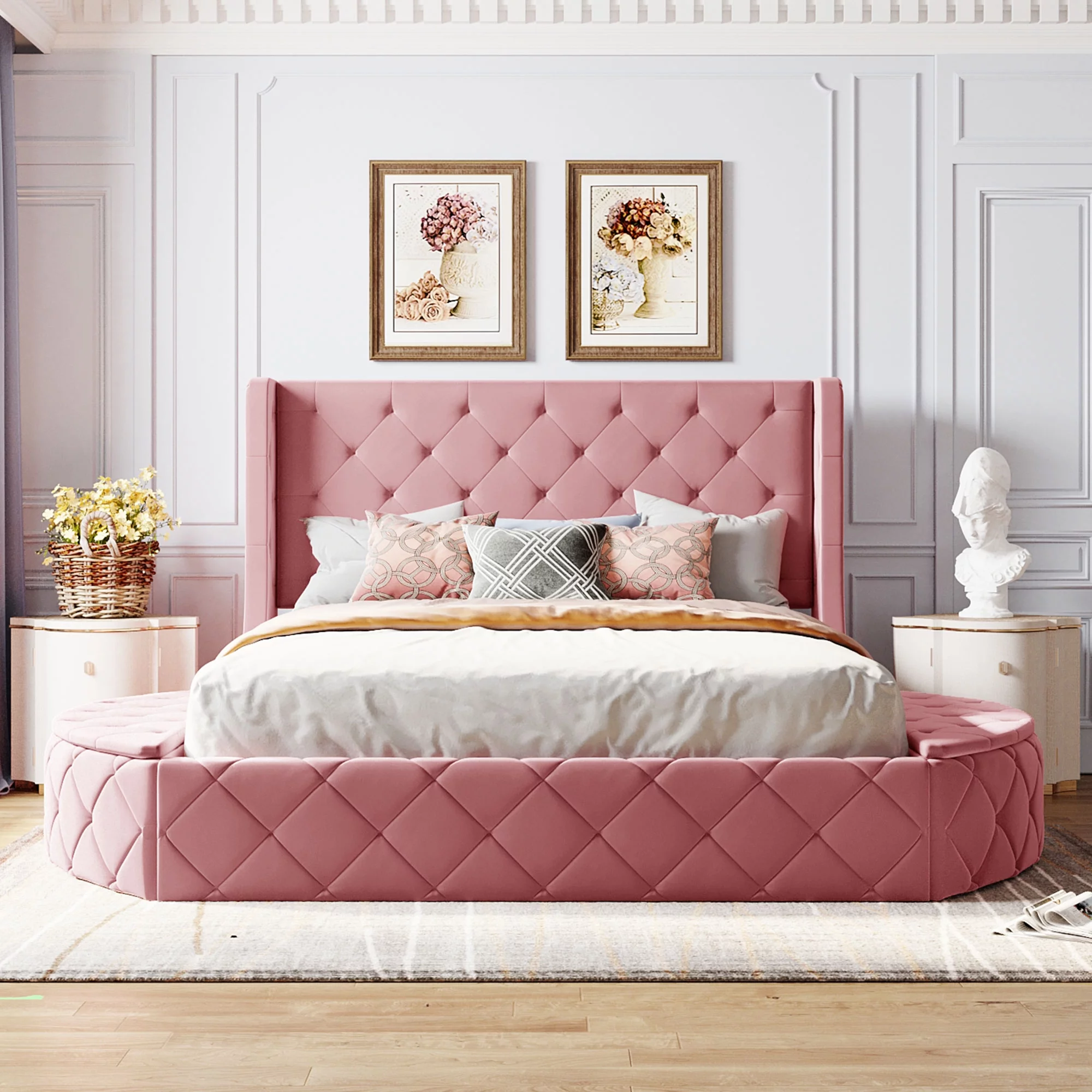 CoSoTower Upholstered Platform Bed Queen Size Storage Velvet Bed with Wingback Headboard and 1 Big Drawer. 2 Side Storage Stool(Pink) - Cheap Abt