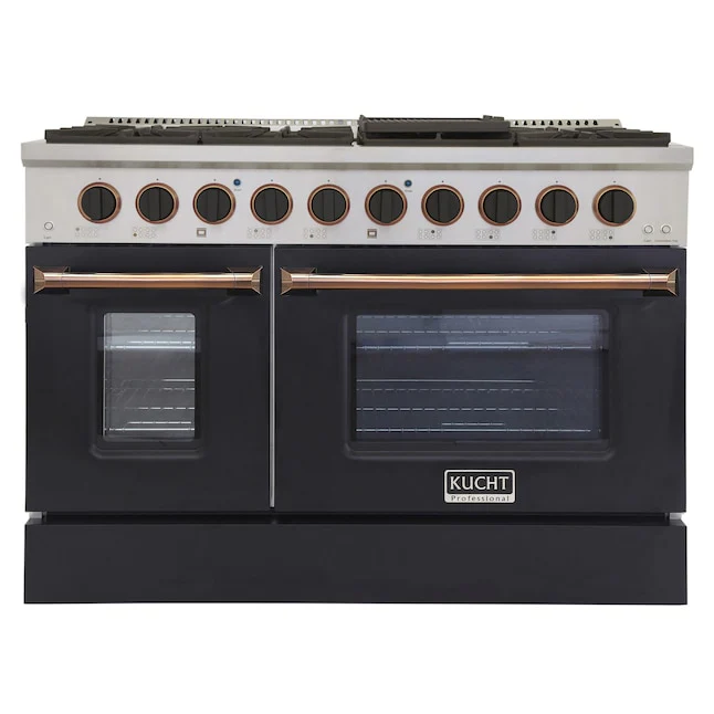 Kucht Signature 48 In. 6.7 cu ft. Propane Gas Range with Black Door and Gold Accents, KNG481/LP-K-GOLD - Cheap Abt