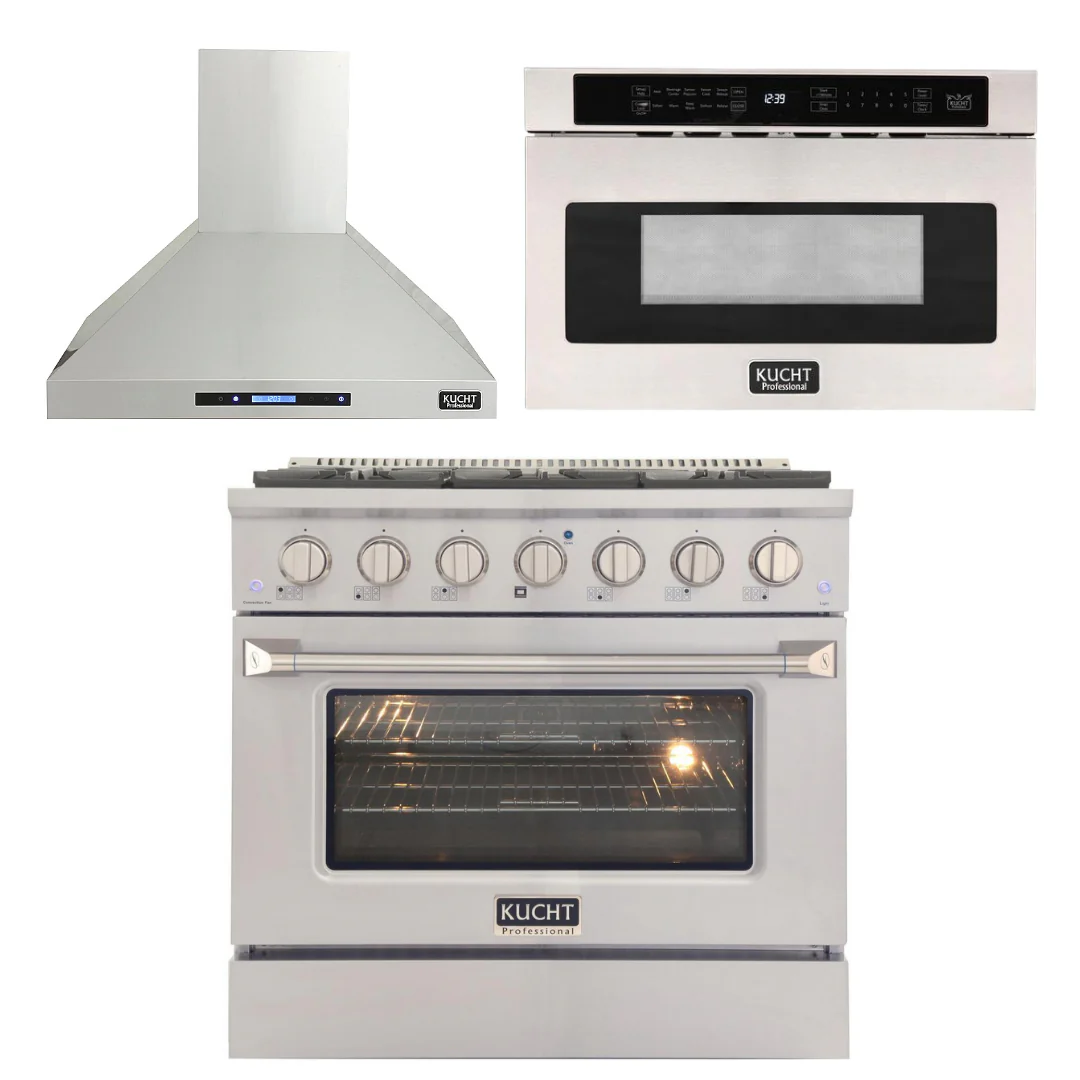 Kucht Professional 36 in. 5.2 cu ft. Natural Gas Range, Range Hood & Microwave Drawer Package, AP-KNG361-S-3 - Cheap Abt
