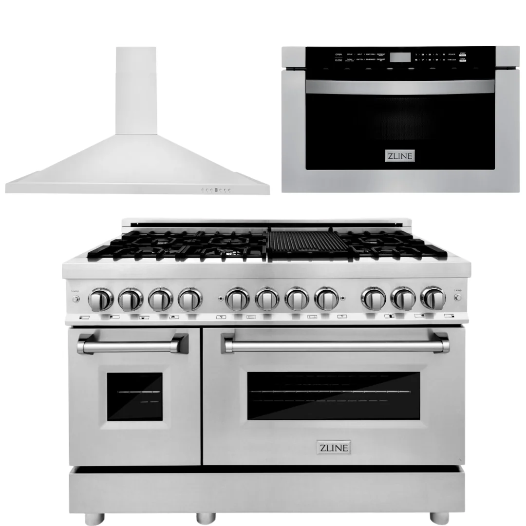 ZLINE Appliance Package - 48 in. Dual Fuel Range, Range Hood, Microwave Drawer, 3KP-RARH48-MW - Cheap Abt