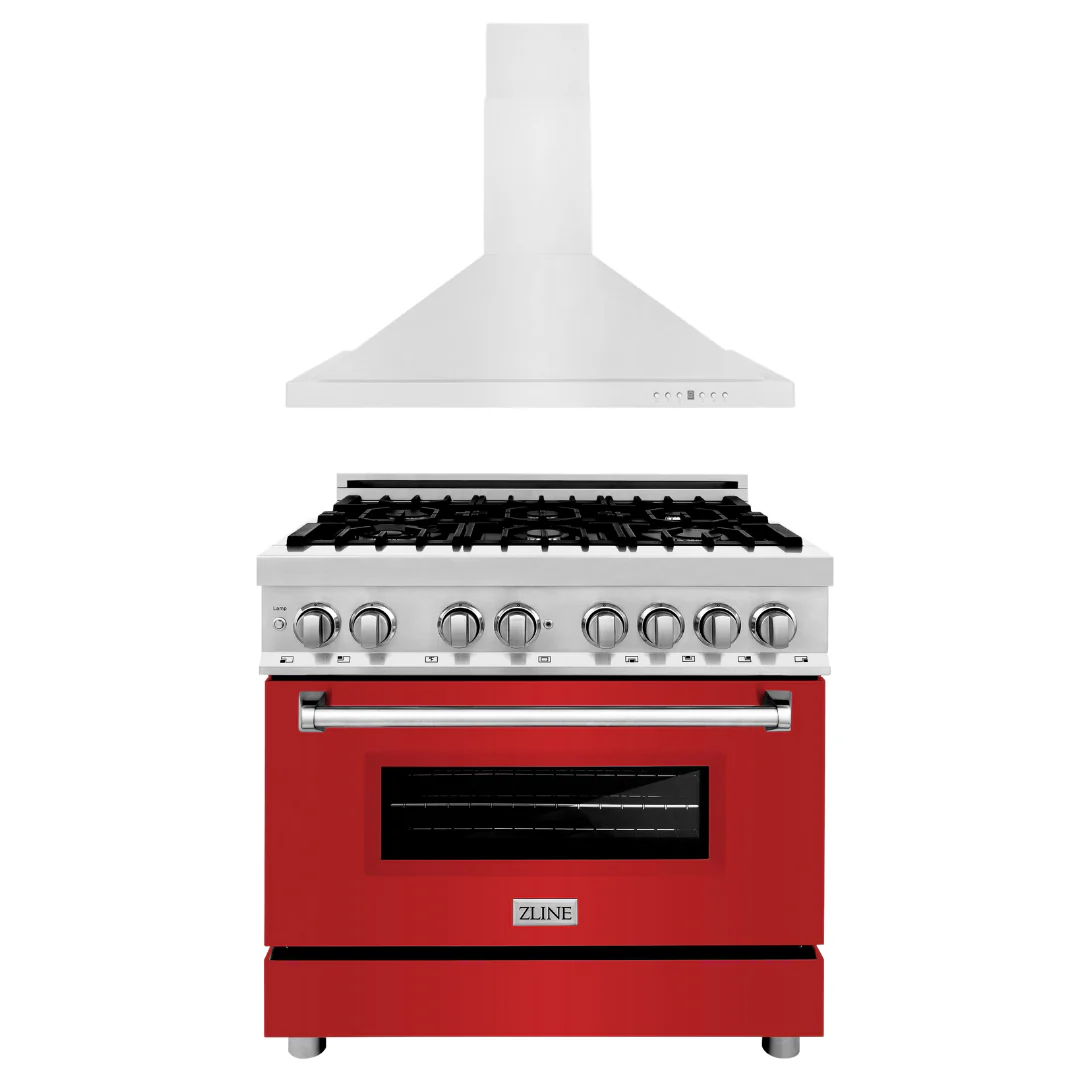 ZLINE 36 in. Dual Fuel Range with Red Matte Doors & 36 in. Range Hood Appliance Package, 2KP-RARMRH36 - Cheap Abt