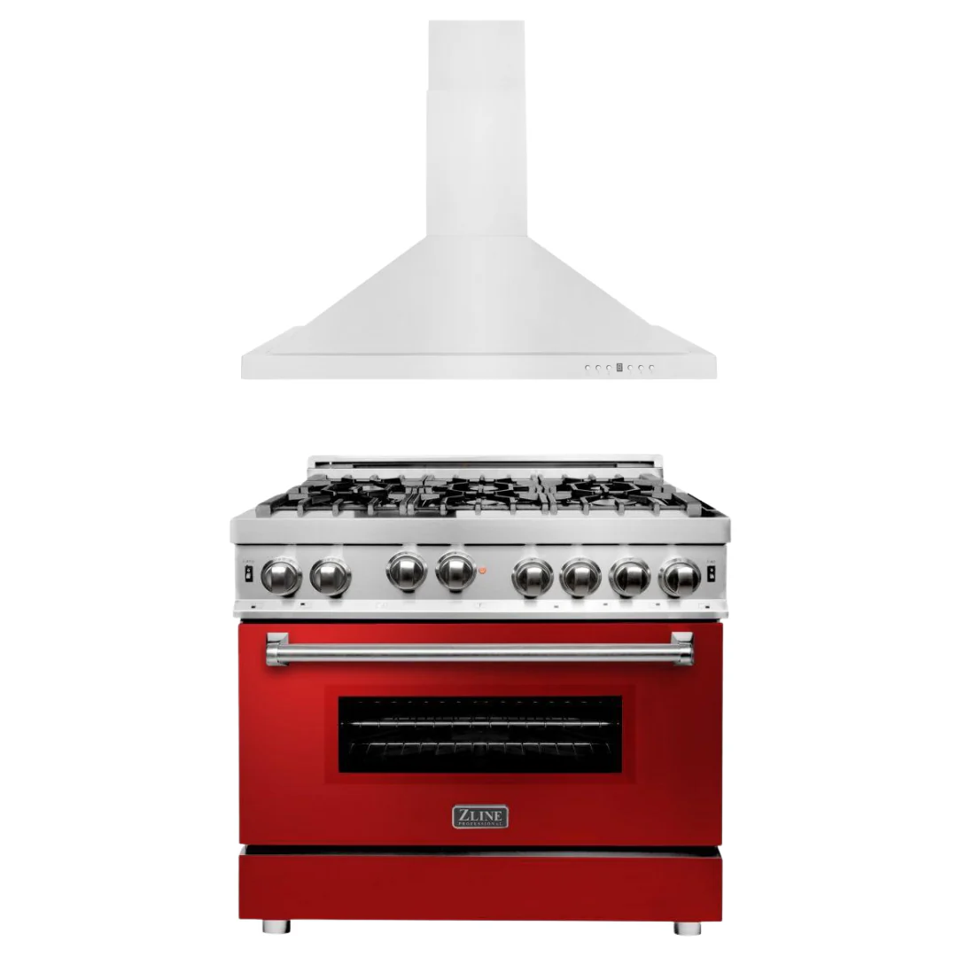 ZLINE 36 in. Gas Range with Red Gloss Door & 36 in. Range Hood Appliance Package, 2KP-RGRGRH36 - Cheap Abt