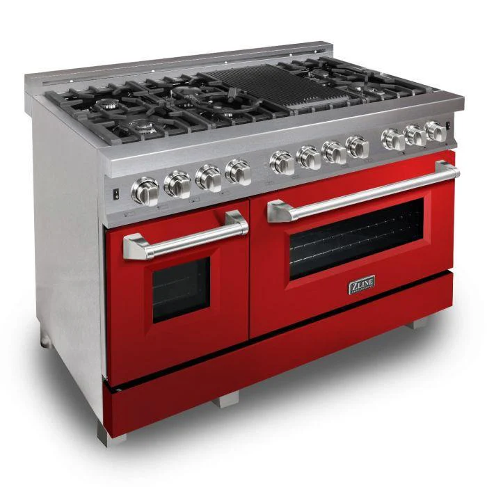 ZLINE 48 in. Professional Gas Burner/Electric Oven DuraSnow® Stainless 6.0 cu.ft. 7 Range with Red Gloss Door, RAS-RG-48 - Cheap Abt
