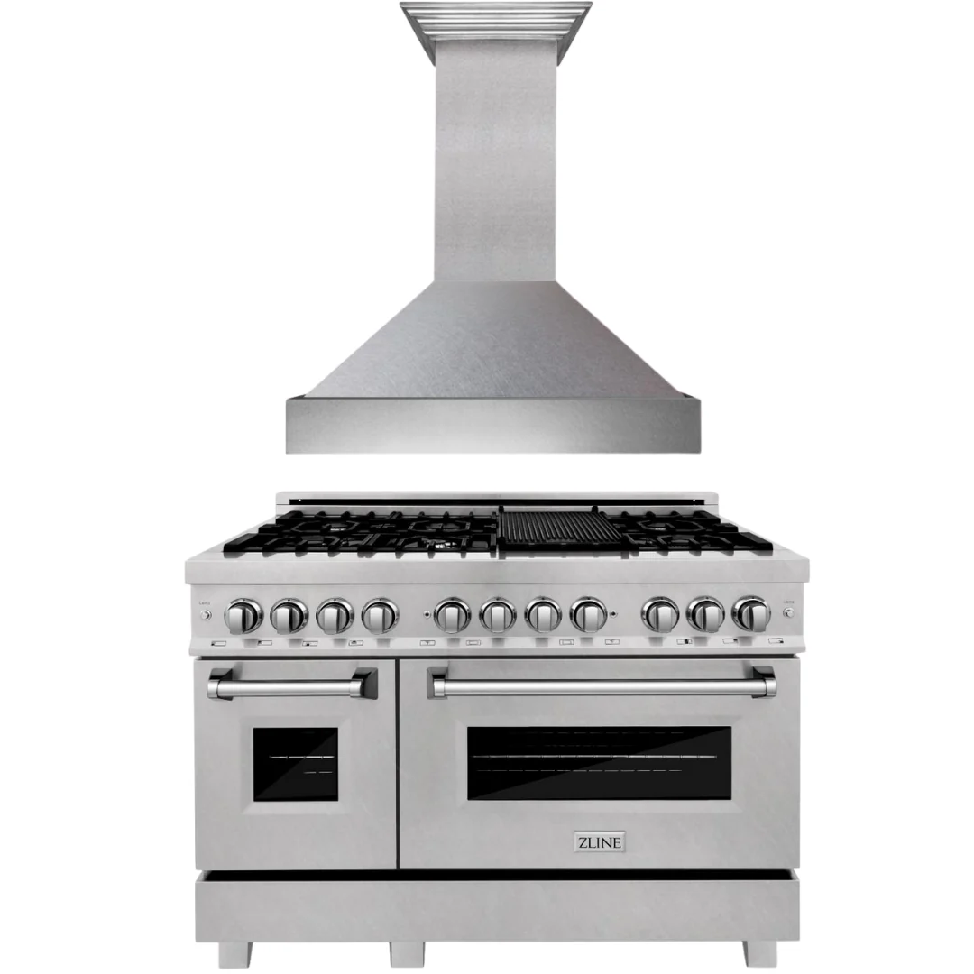 ZLINE 48 in. Dual Fuel Range & 48 in. Range Hood in DuraSnow® Appliance Package, 2KP-RASSNRH48 - Cheap Abt