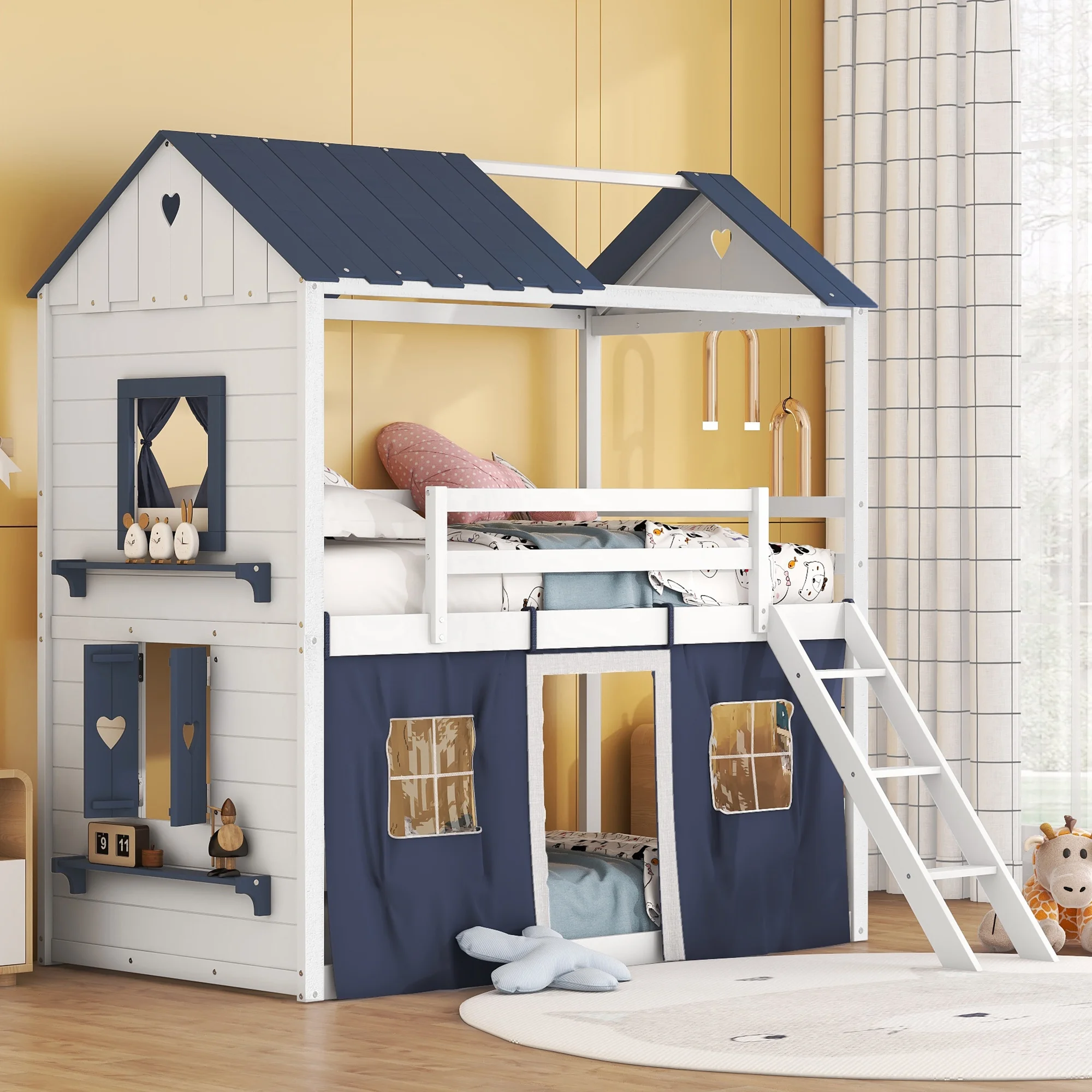 Churanty Twin Over Twin Bunk Wood House Bed with Elegant Windows Sills and Tent. Twin House Bunk Beds for Kids Girls Boys.Blue - Cheap Abt