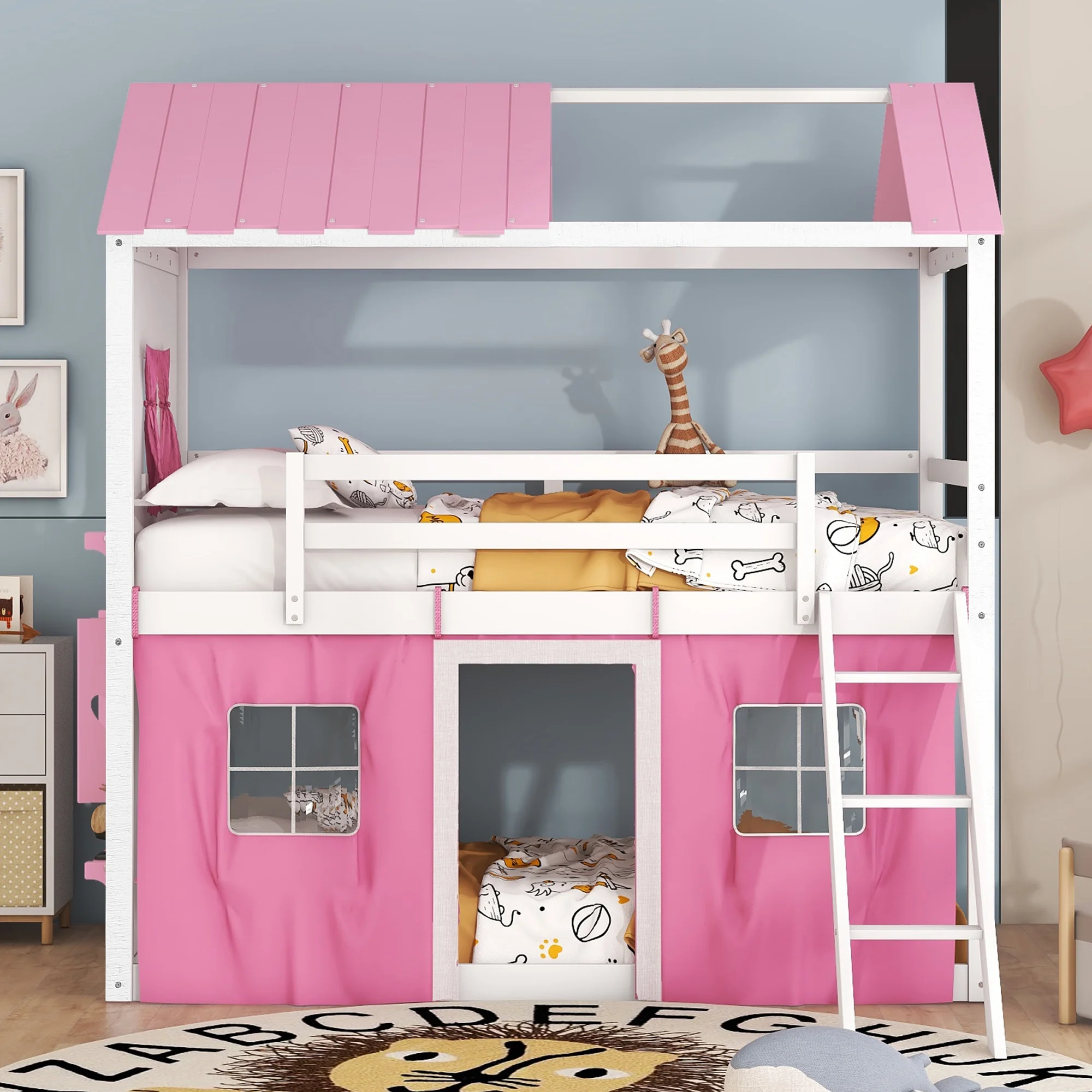 Twin Size Bunk Wood House Bed with Elegant Windows. Sills and Tent. Pink+White - Cheap Abt