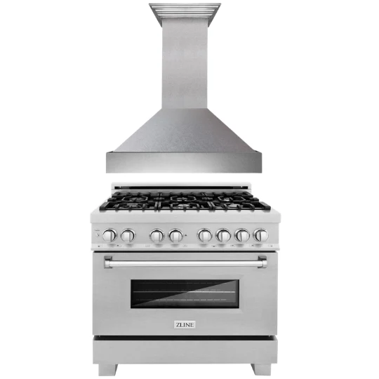 ZLINE 36 in. Dual Fuel Range & 36 in. Range Hood in DuraSnow® Appliance Package, 2KP-RASSNRH36 - Cheap Abt