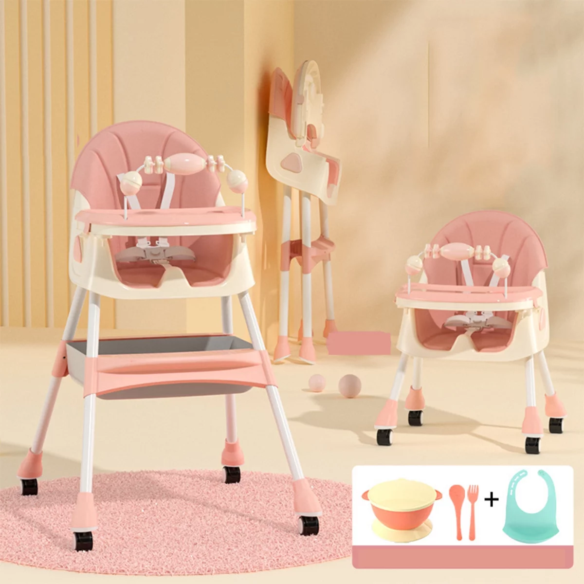 YANAOFFE Baby High Chair 4-in-1 Convertible Baby Highchair with Double-Layer Tray and Toy. Pink - Cheap Abt